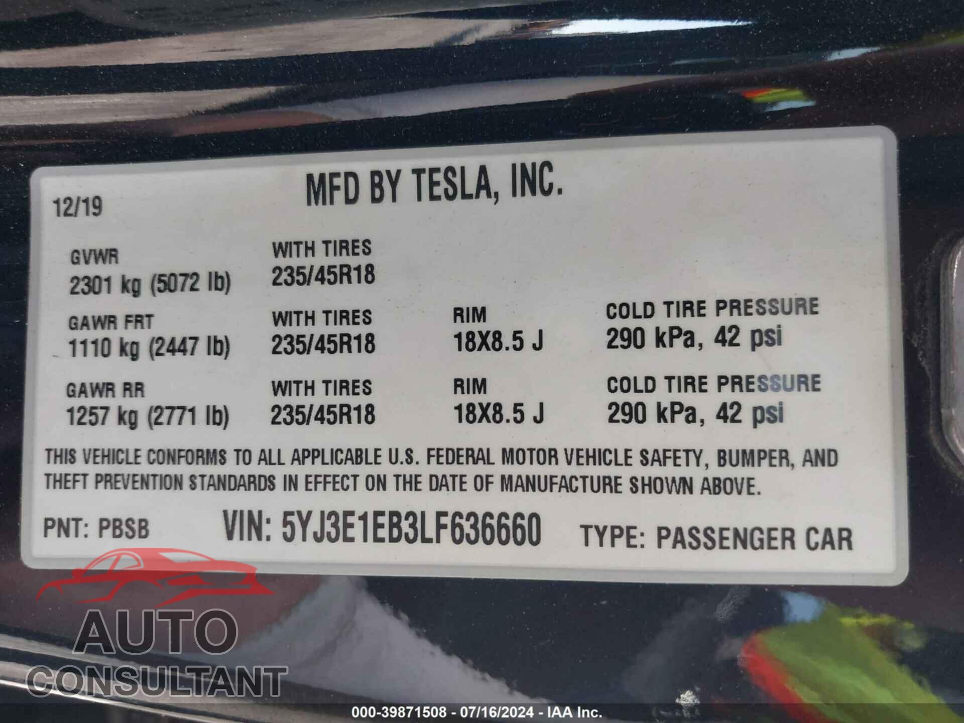 TESLA MODEL 3 2020 - 5YJ3E1EB3LF636660