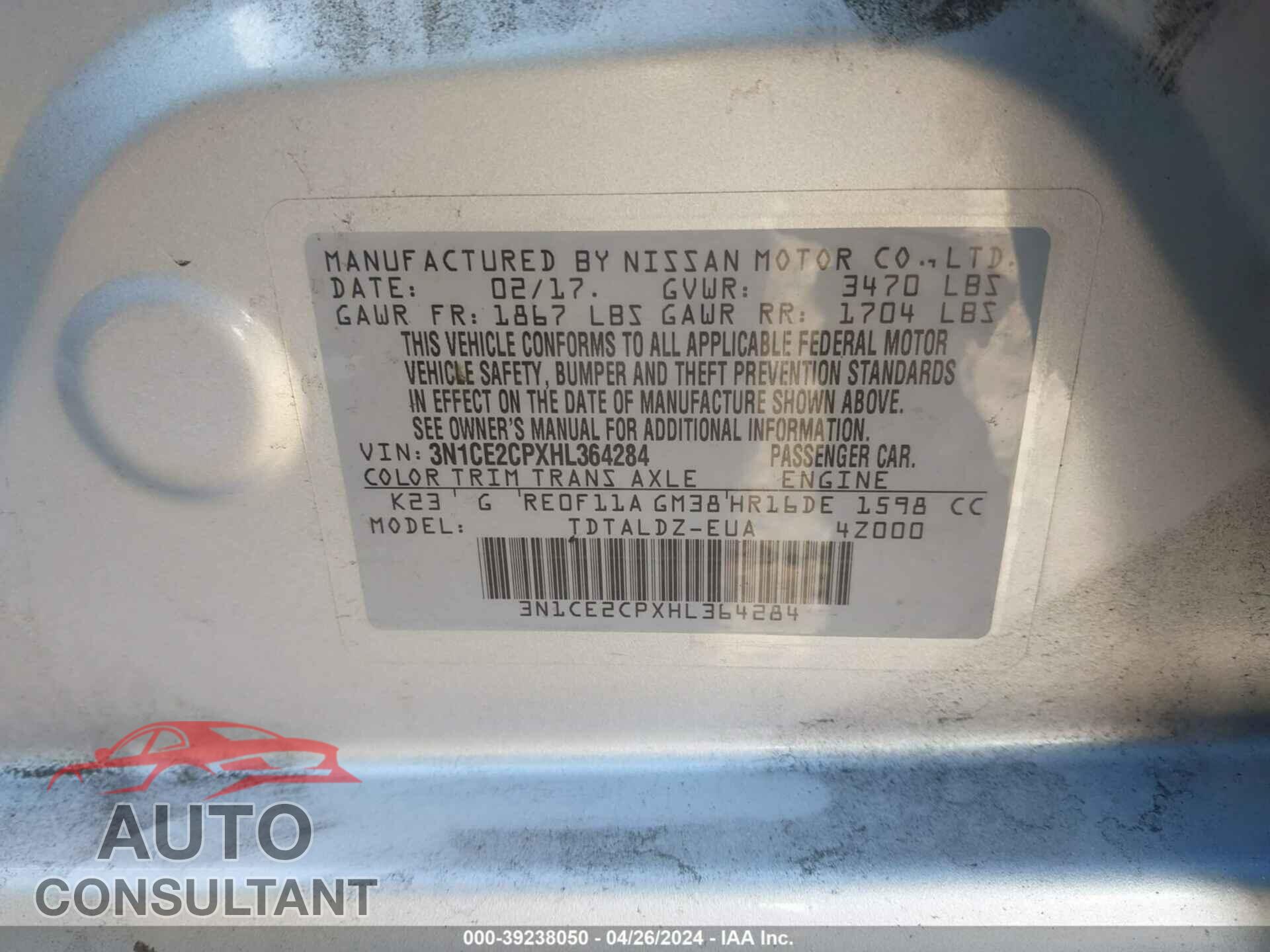 NISSAN VERSA NOTE 2017 - 3N1CE2CPXHL364284