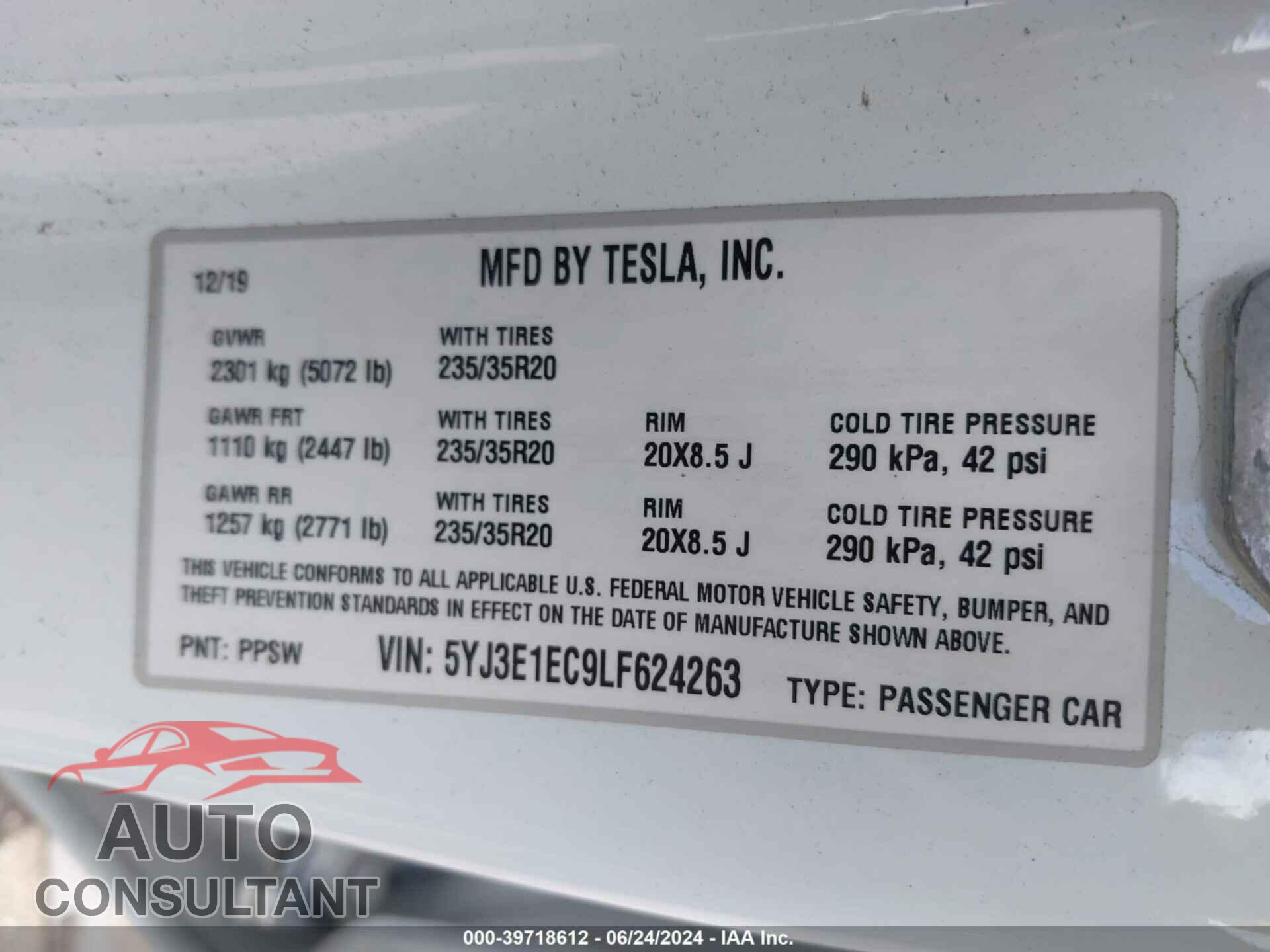 TESLA MODEL 3 2020 - 5YJ3E1EC9LF624263