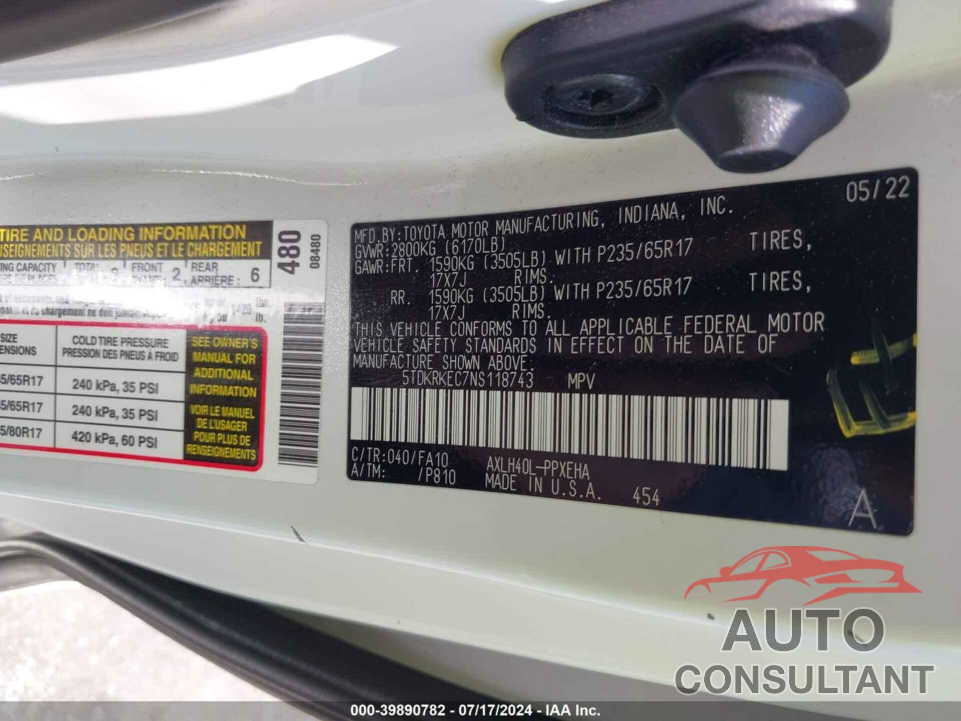 TOYOTA SIENNA 2022 - 5TDKRKEC7NS118743