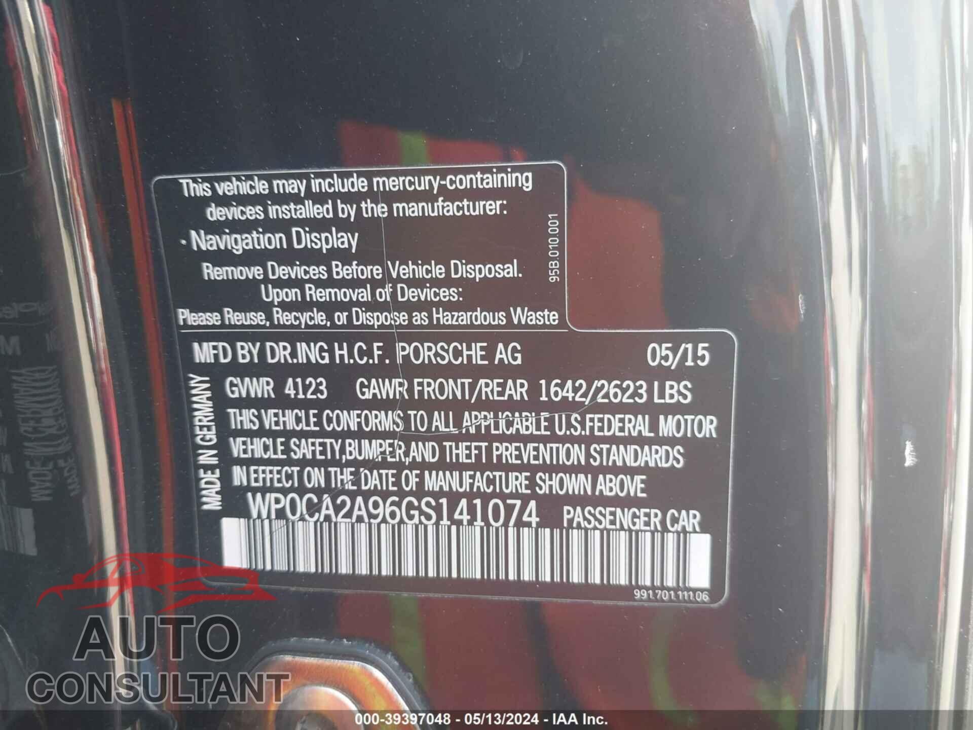 PORSCHE 911 2016 - WP0CA2A96GS141074