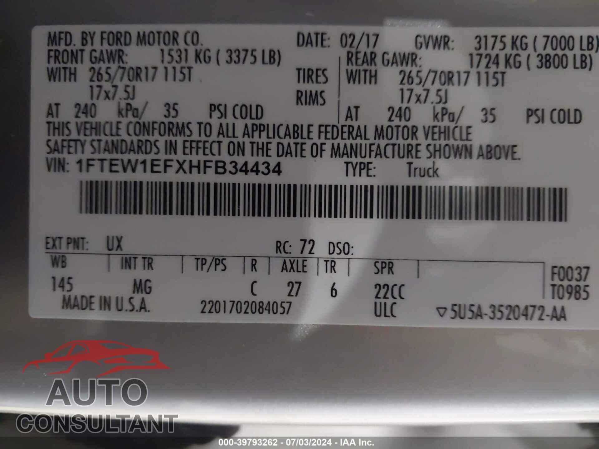 FORD F-150 2017 - 1FTEW1EFXHFB34434