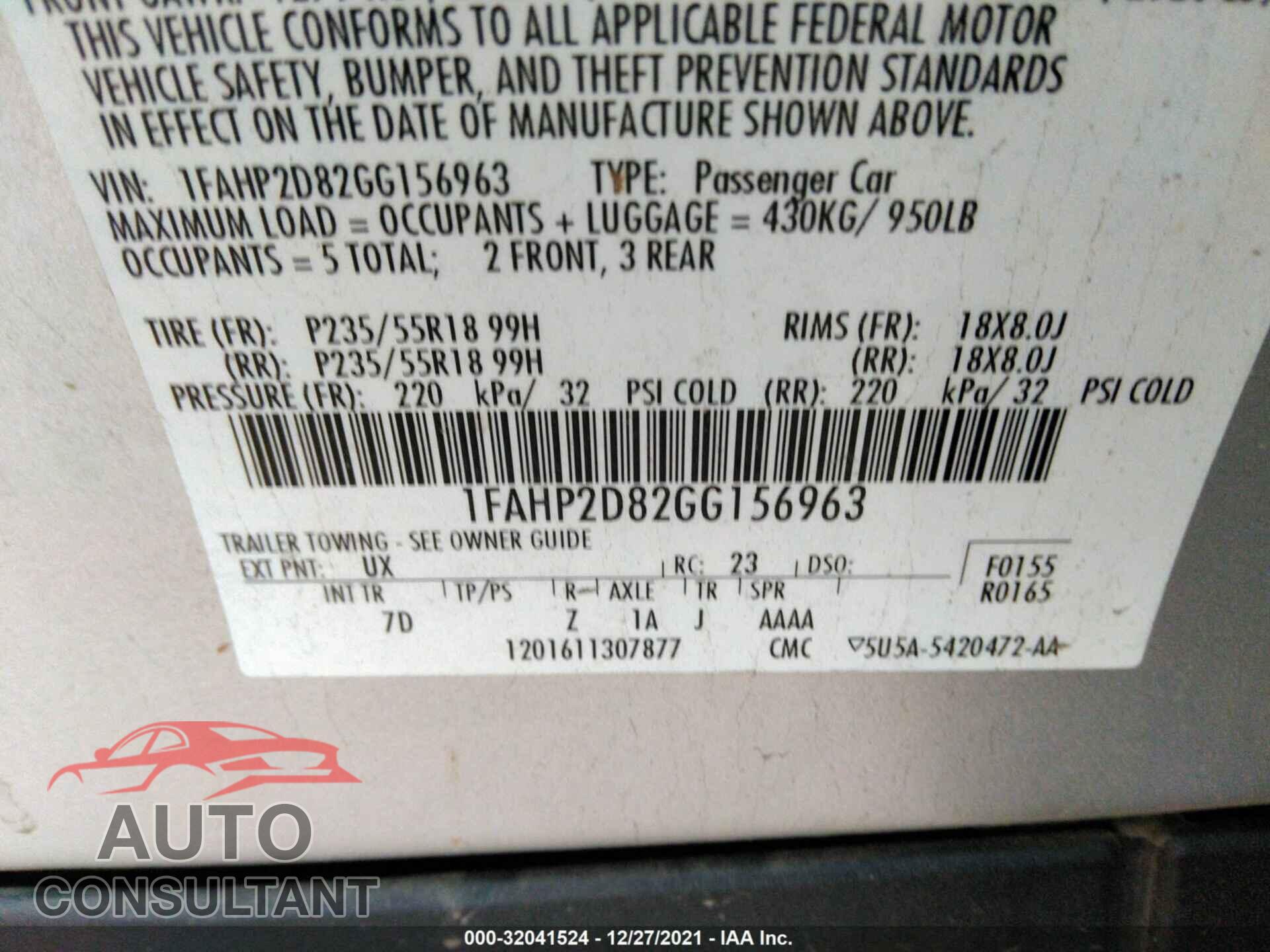 FORD TAURUS 2016 - 1FAHP2D82GG156963