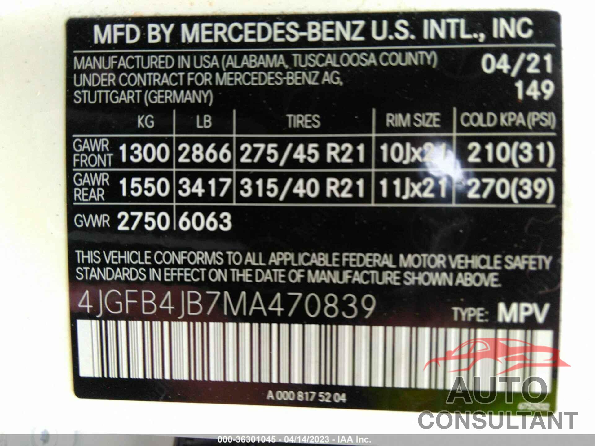 MERCEDES-BENZ GLE 2021 - 4JGFB4JB7MA470839