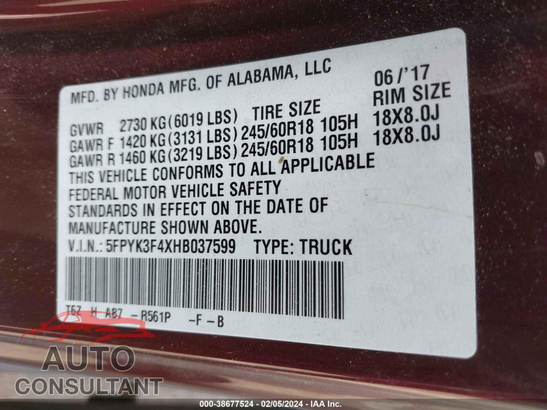 HONDA RIDGELINE 2017 - 5FPYK3F4XHB037599