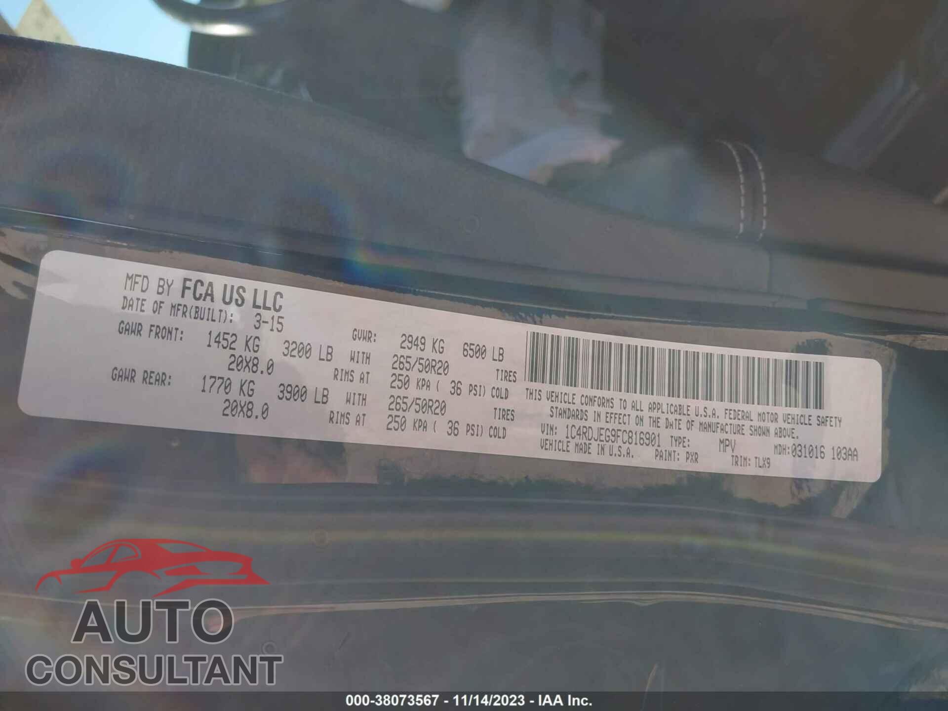 DODGE DURANGO 2015 - 1C4RDJEG9FC816901