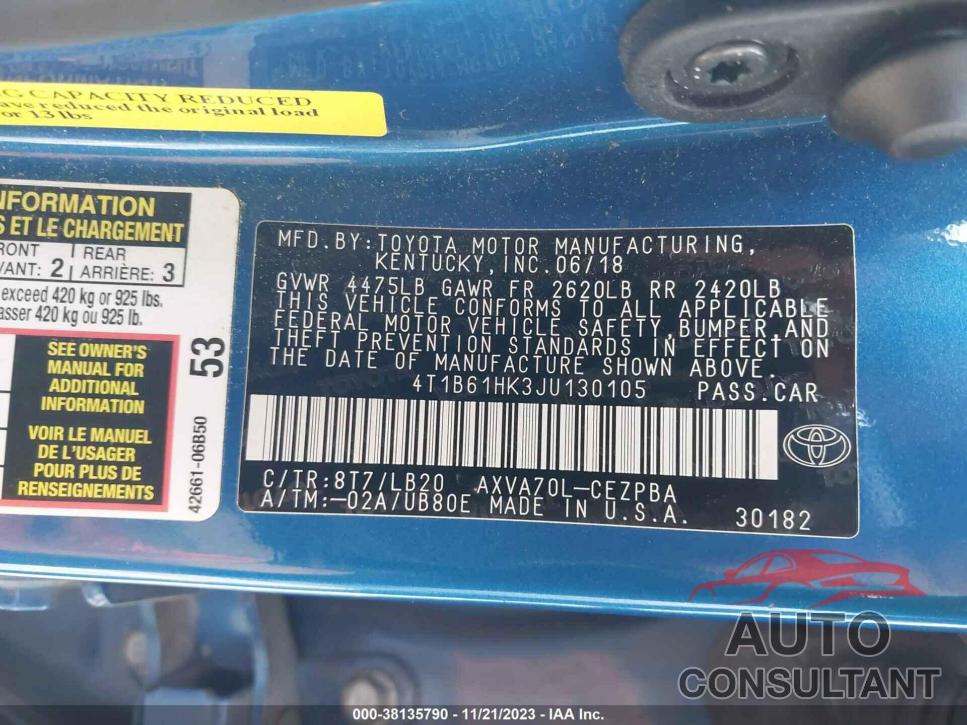 TOYOTA CAMRY 2018 - 4T1B61HK3JU130105