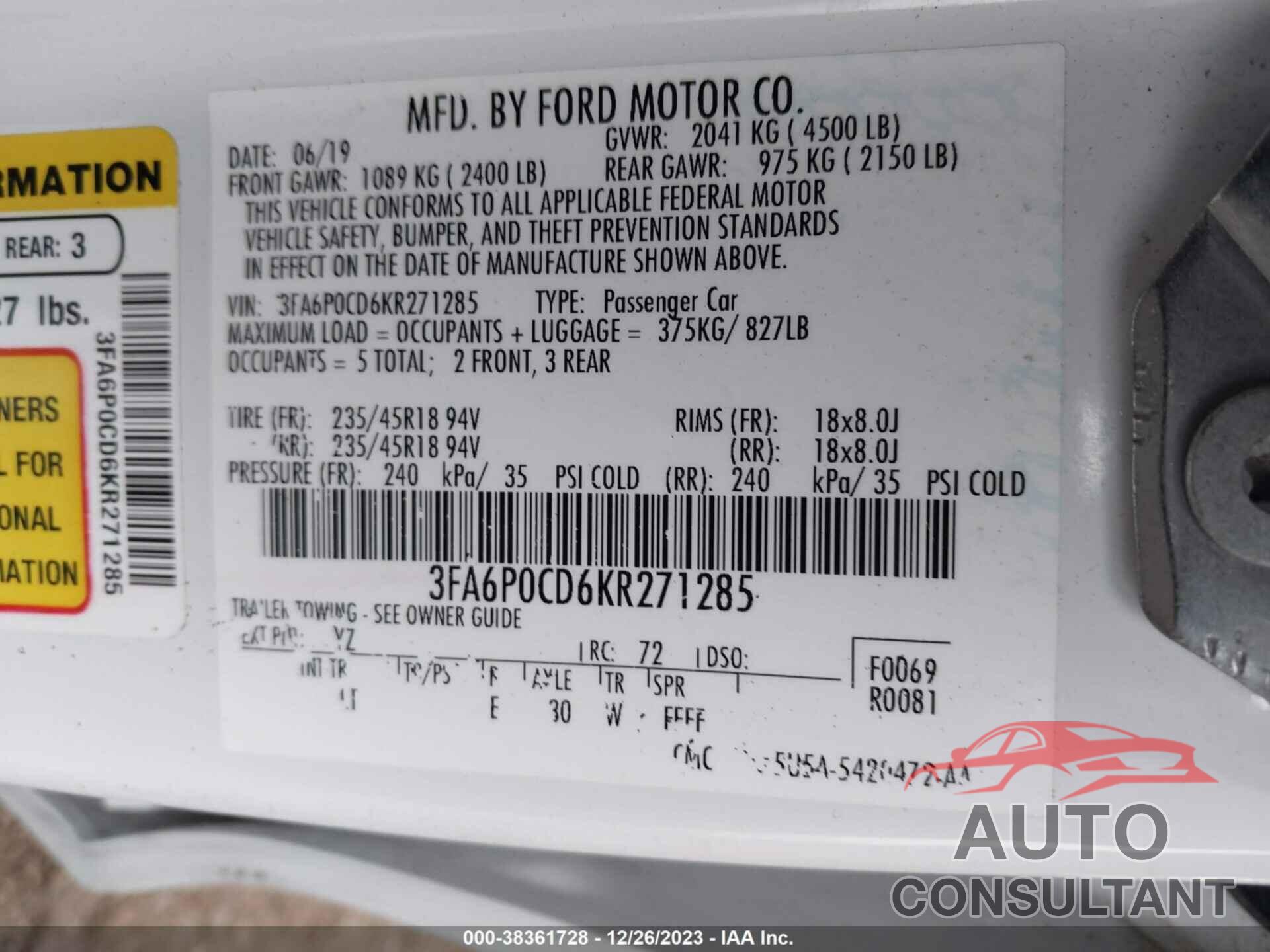 FORD FUSION 2019 - 3FA6P0CD6KR271285