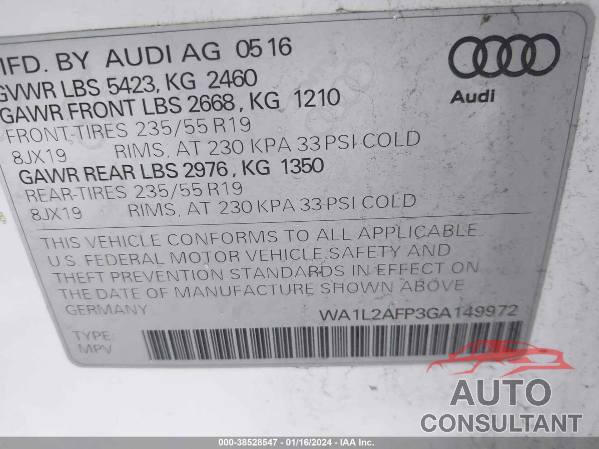 AUDI Q5 2016 - WA1L2AFP3GA149972