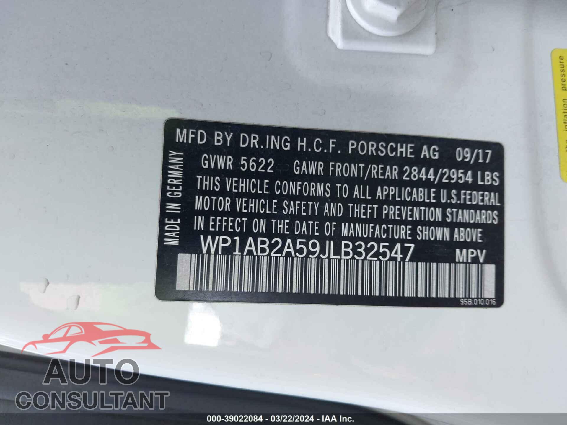 PORSCHE MACAN 2018 - WP1AB2A59JLB32547