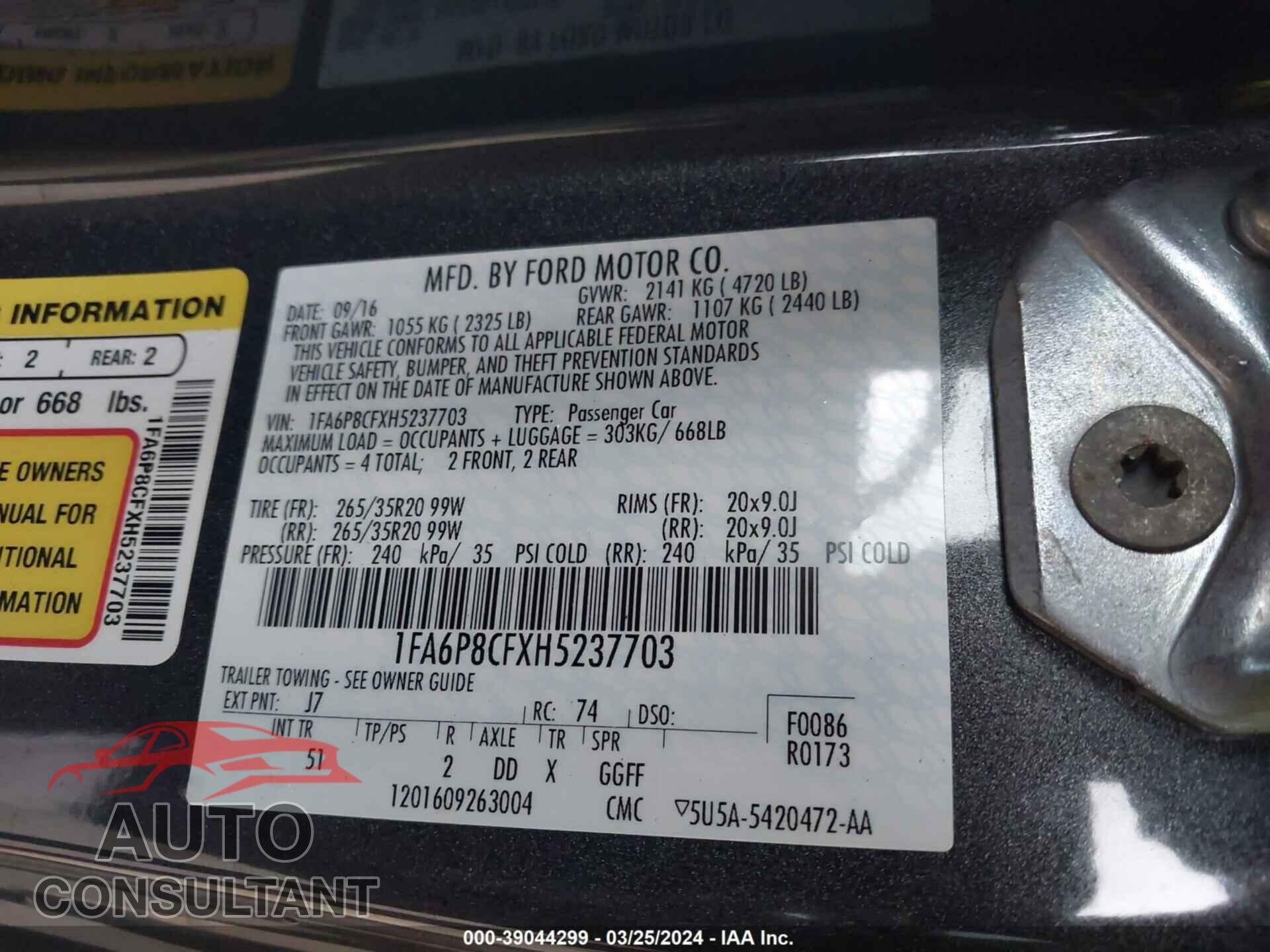 FORD MUSTANG 2017 - 1FA6P8CFXH5237703