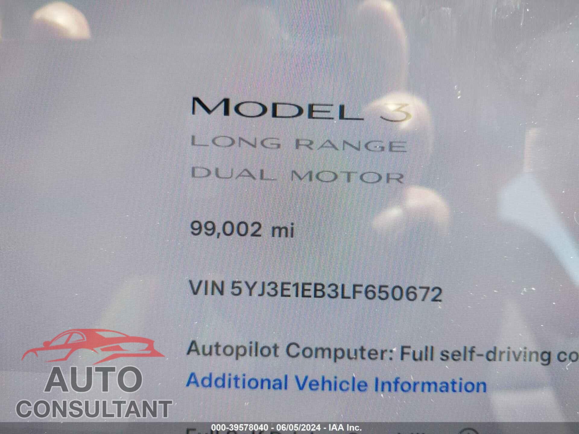 TESLA MODEL 3 2020 - 5YJ3E1EB3LF650672