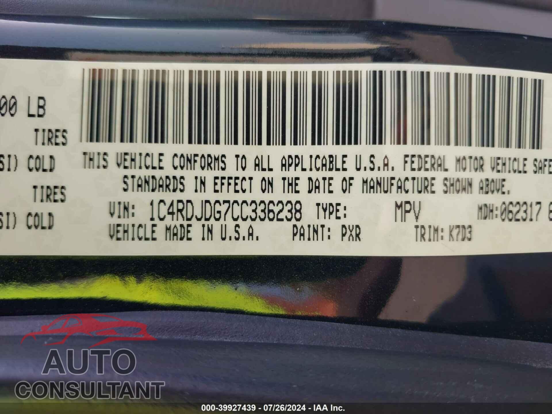 DODGE DURANGO 2012 - 1C4RDJDG7CC336238