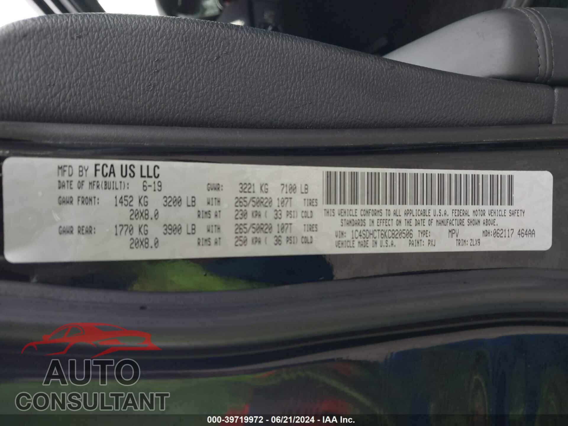 DODGE DURANGO 2019 - 1C4SDHCT6KC820506