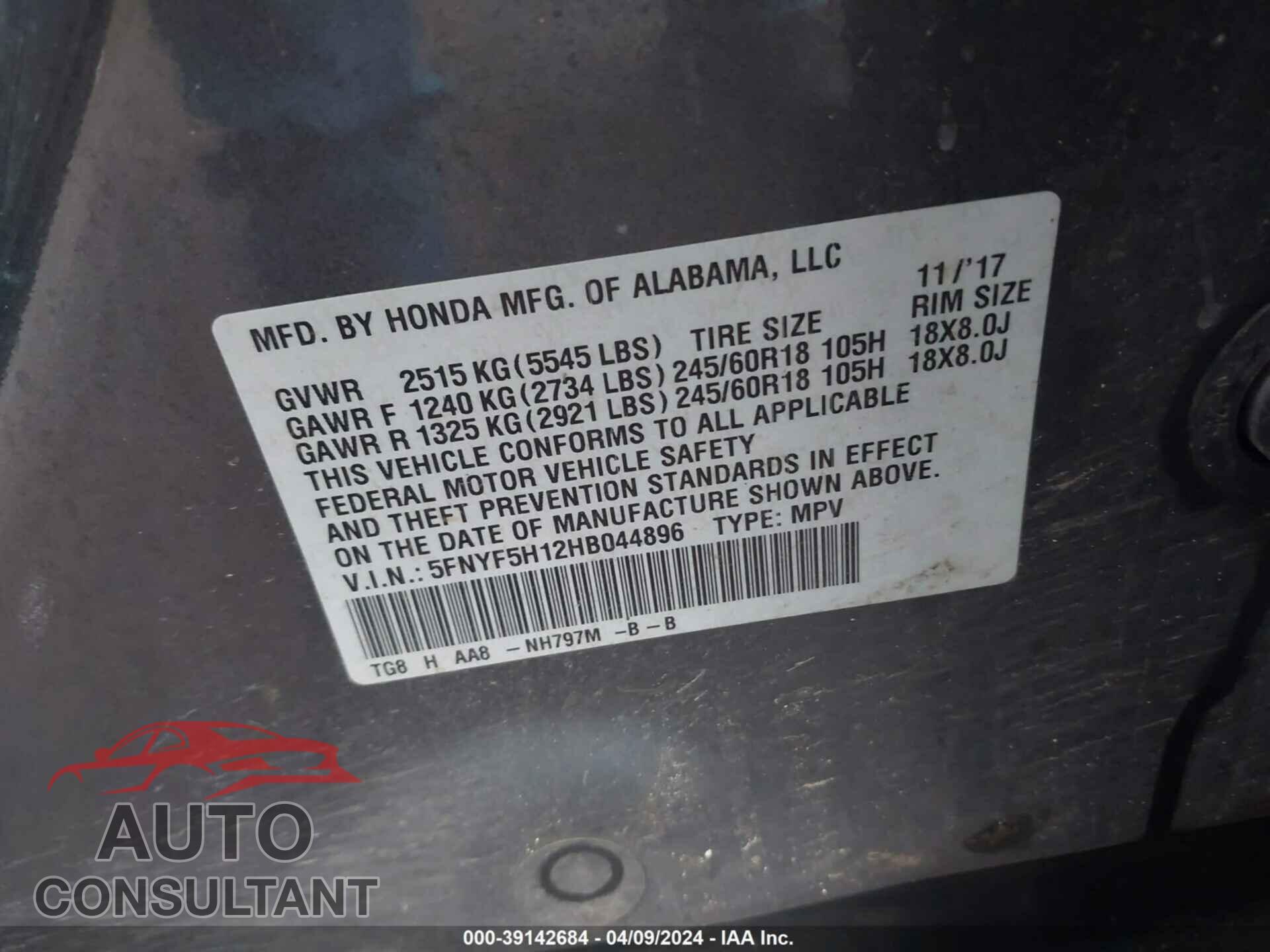 HONDA PILOT 2017 - 5FNYF5H12HB044896