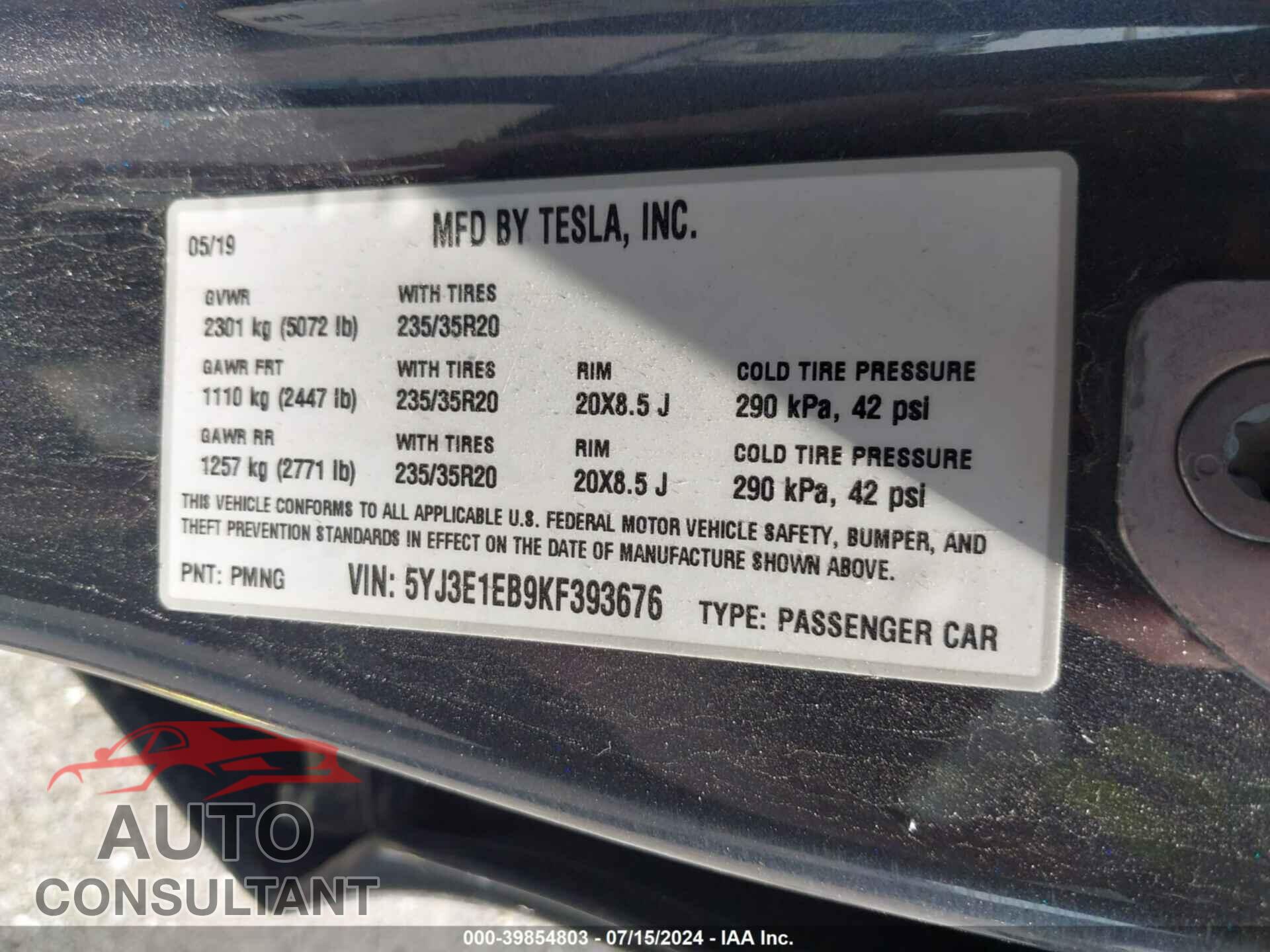 TESLA MODEL 3 2019 - 5YJ3E1EB9KF393676