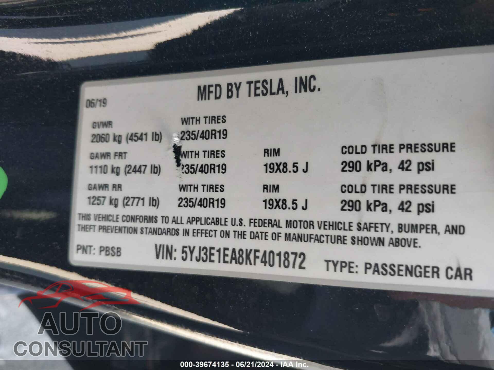 TESLA MODEL 3 2019 - 5YJ3E1EA8KF401872