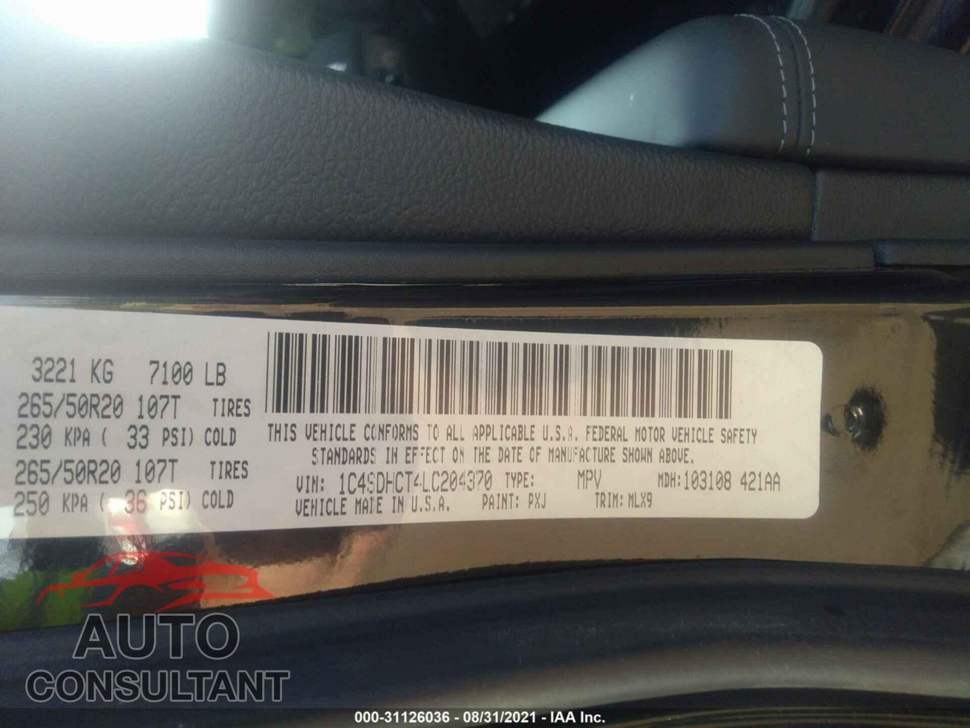 DODGE DURANGO 2020 - 1C4SDHCT4LC204370