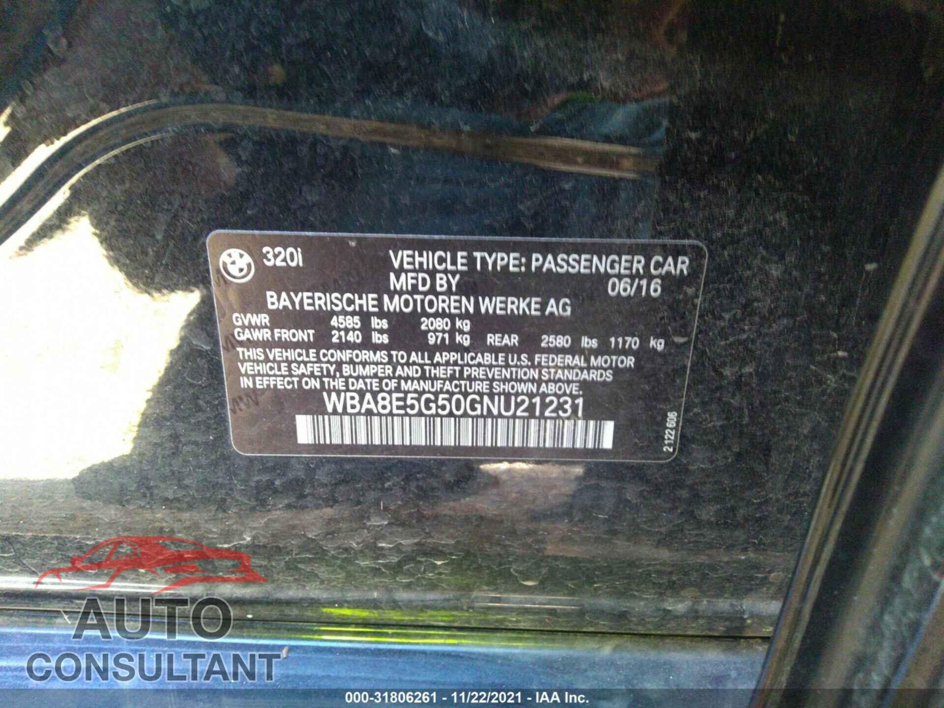 BMW 3 SERIES 2016 - WBA8E5G50GNU21231