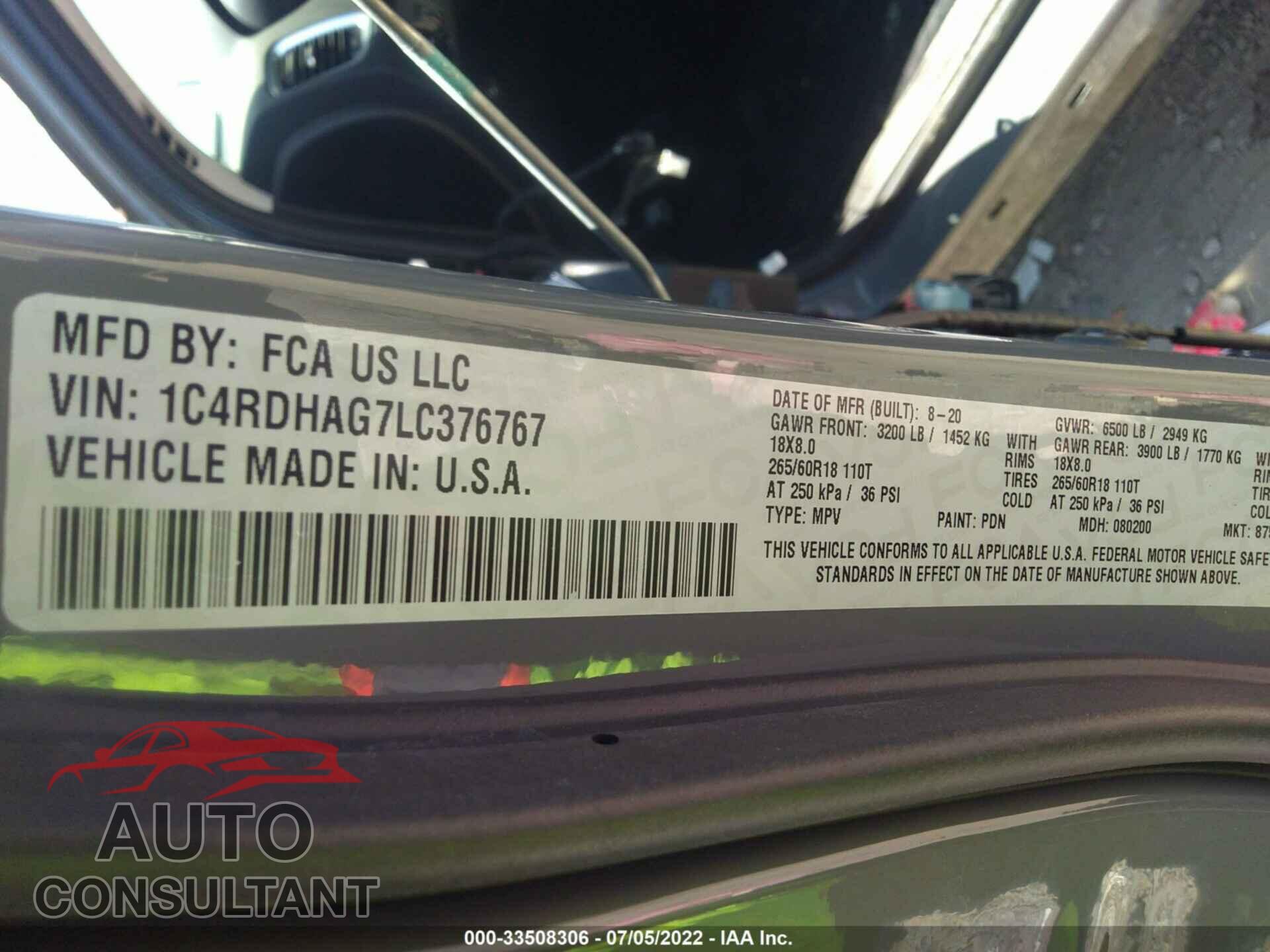 DODGE DURANGO 2020 - 1C4RDHAG7LC376767