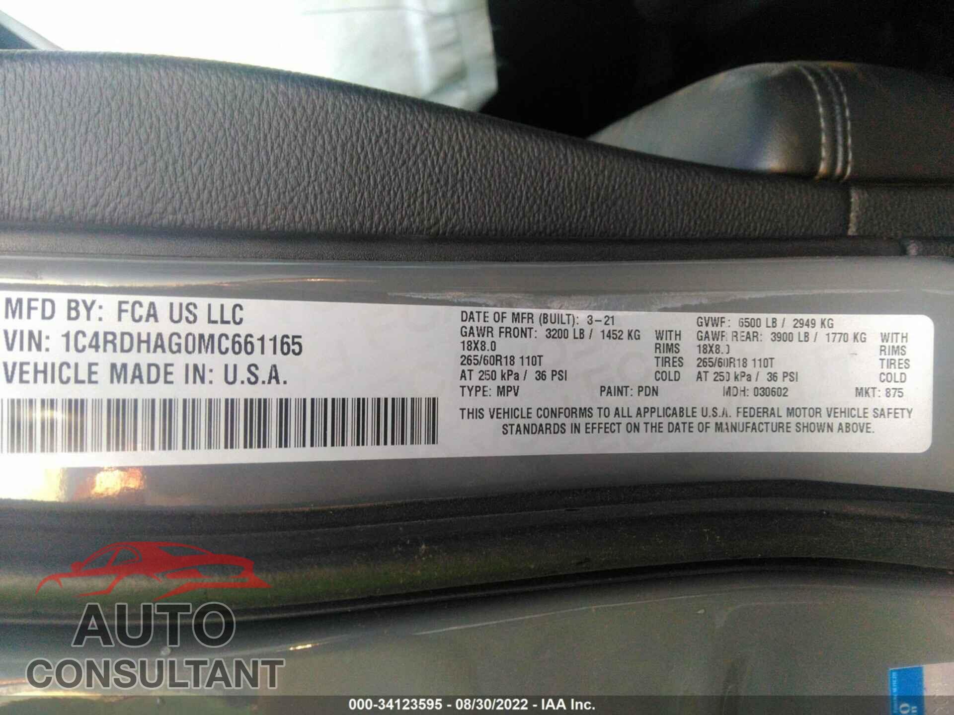 DODGE DURANGO 2021 - 1C4RDHAG0MC661165