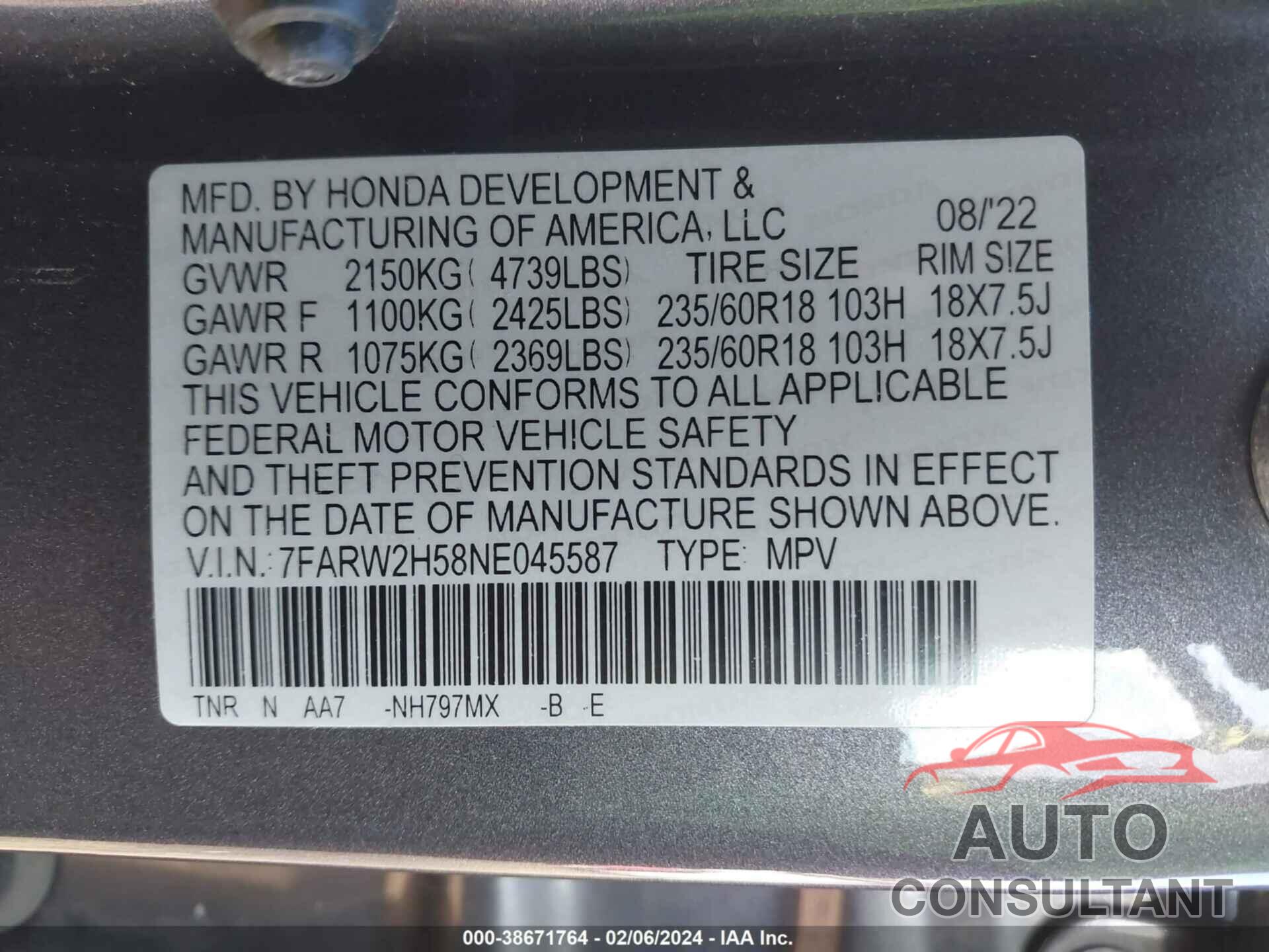 HONDA CR-V 2022 - 7FARW2H58NE045587