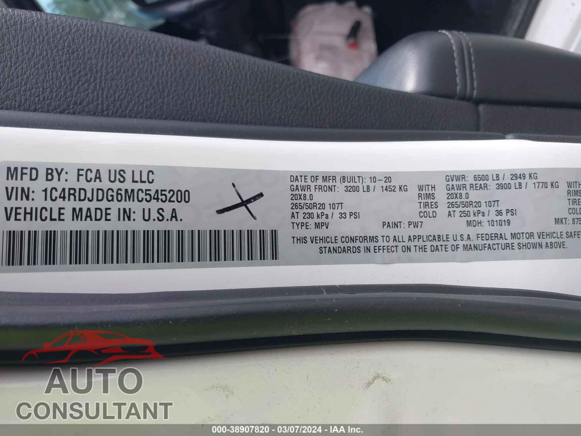 DODGE DURANGO 2021 - 1C4RDJDG6MC545200