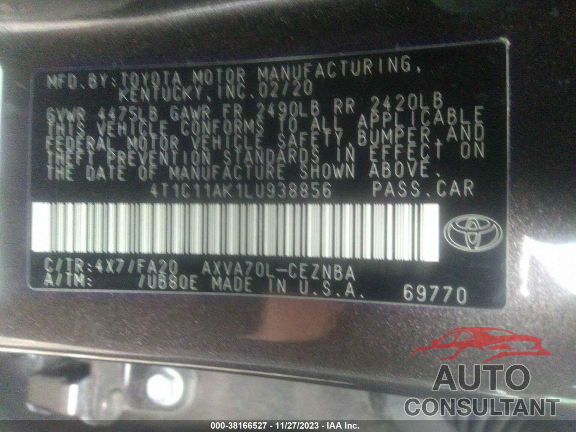 TOYOTA CAMRY 2020 - 4T1C11AK1LU938856