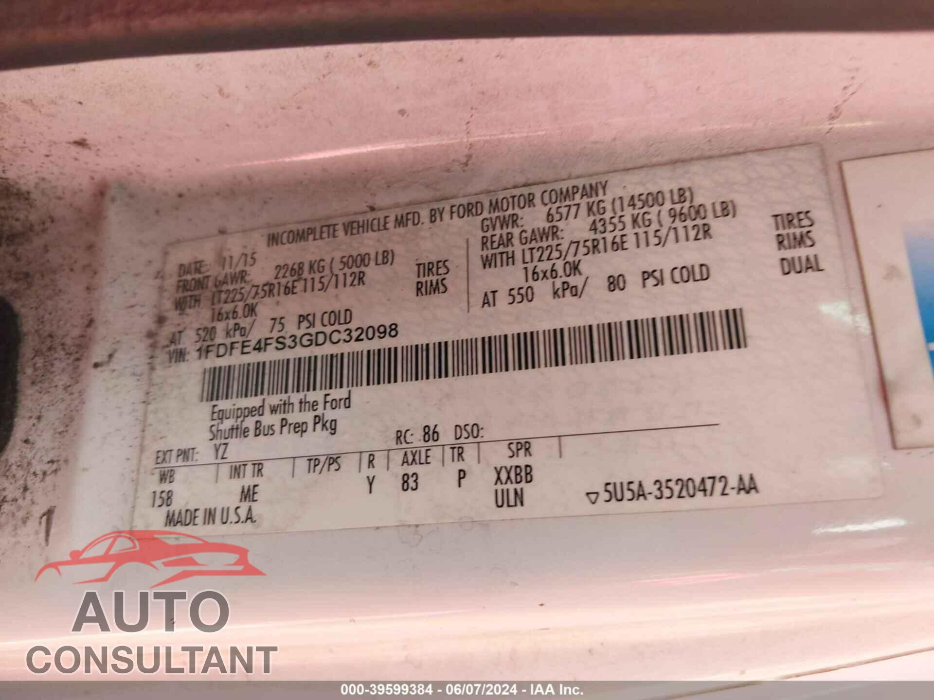 FORD E-450 CUTAWAY 2016 - 1FDFE4FS3GDC32098