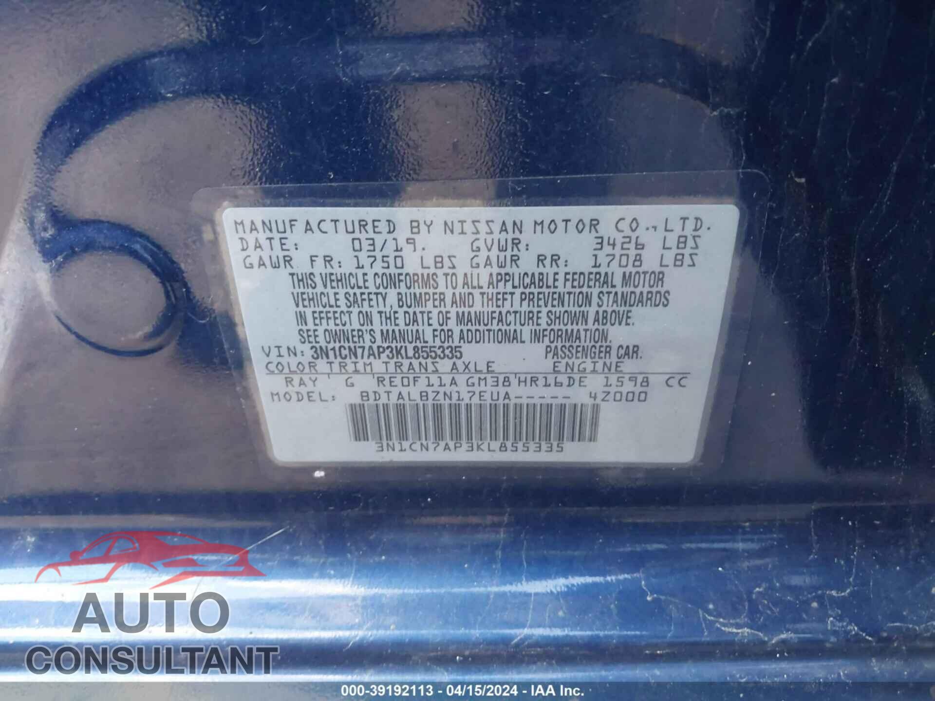 NISSAN VERSA 2019 - 3N1CN7AP3KL855335