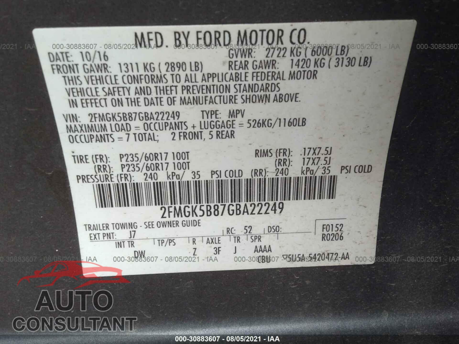 FORD FLEX 2016 - 2FMGK5B87GBA22249