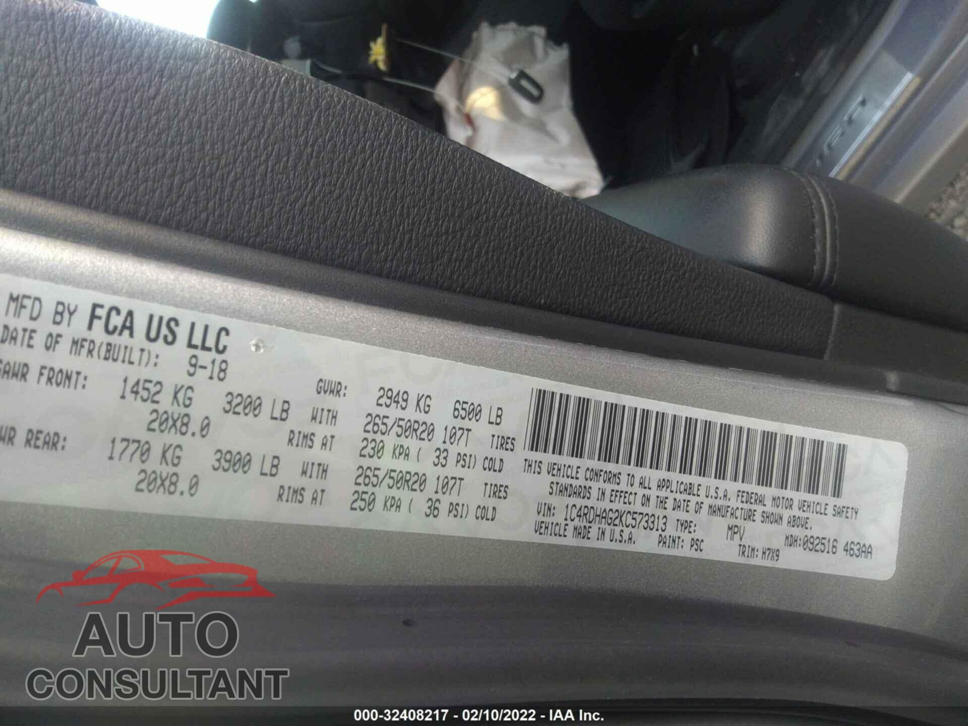 DODGE DURANGO 2019 - 1C4RDHAG2KC573313