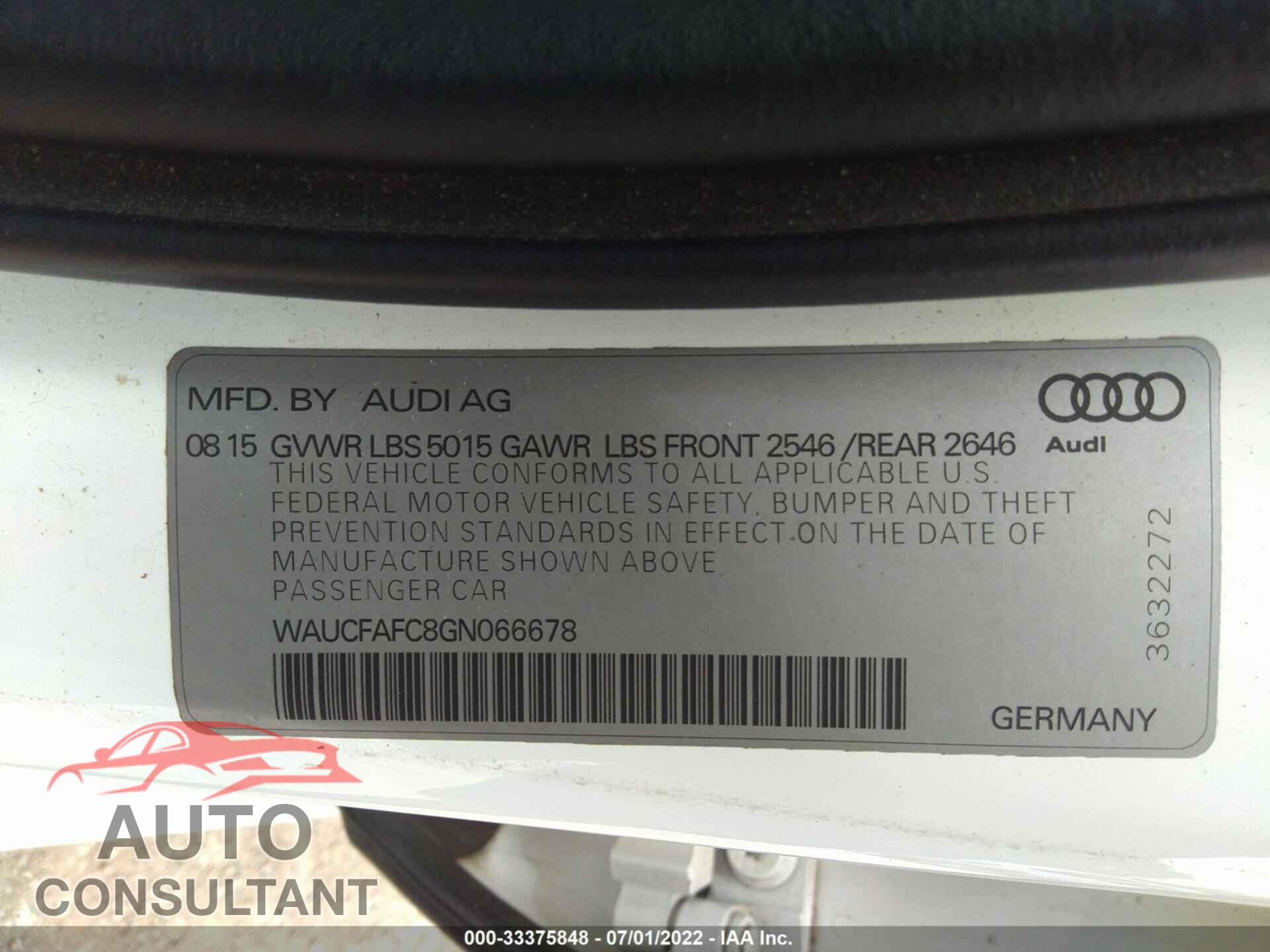 AUDI A6 2016 - WAUCFAFC8GN066678