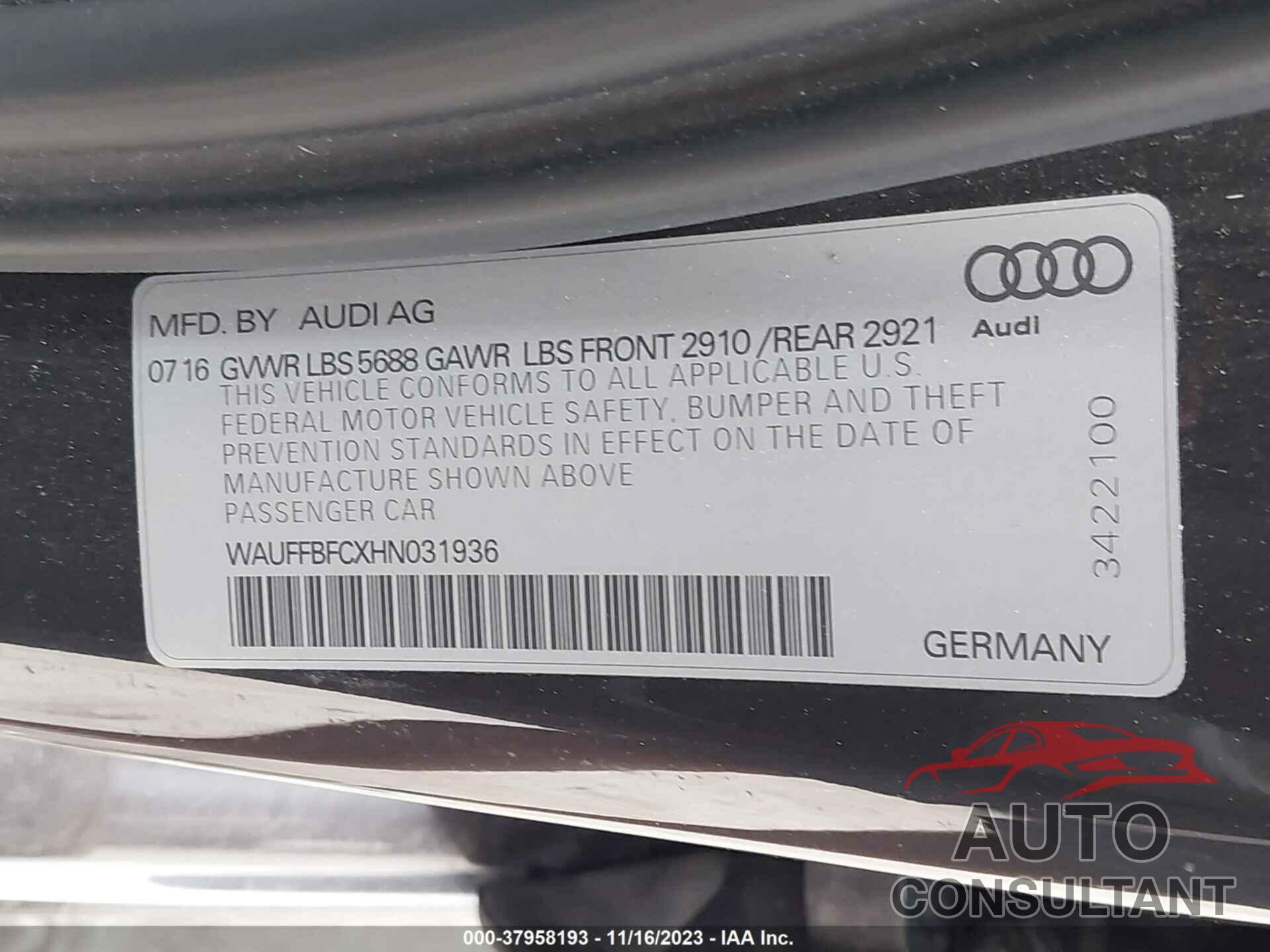 AUDI S6 2017 - WAUFFBFCXHN031936