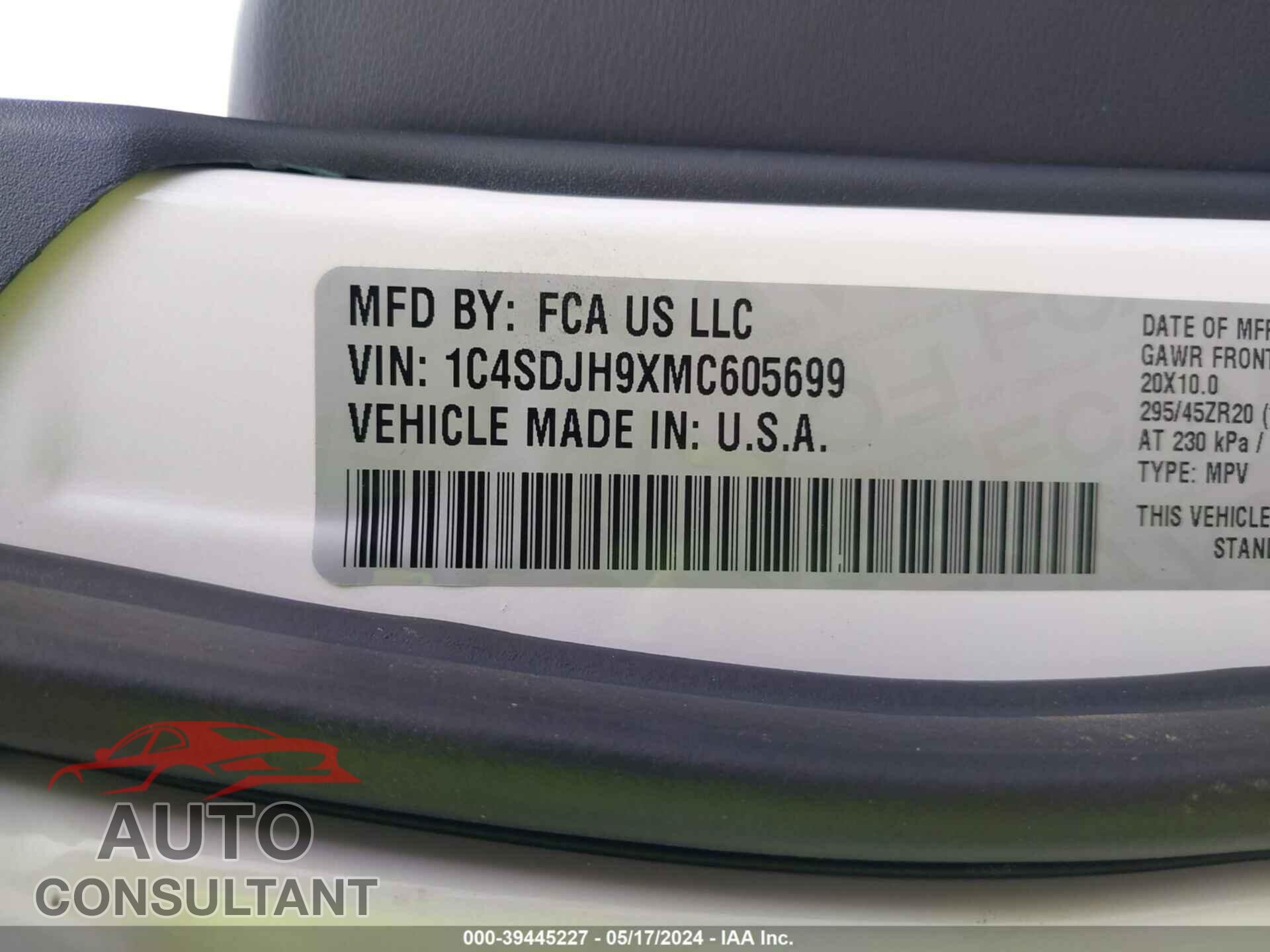 DODGE DURANGO 2021 - 1C4SDJH9XMC605699