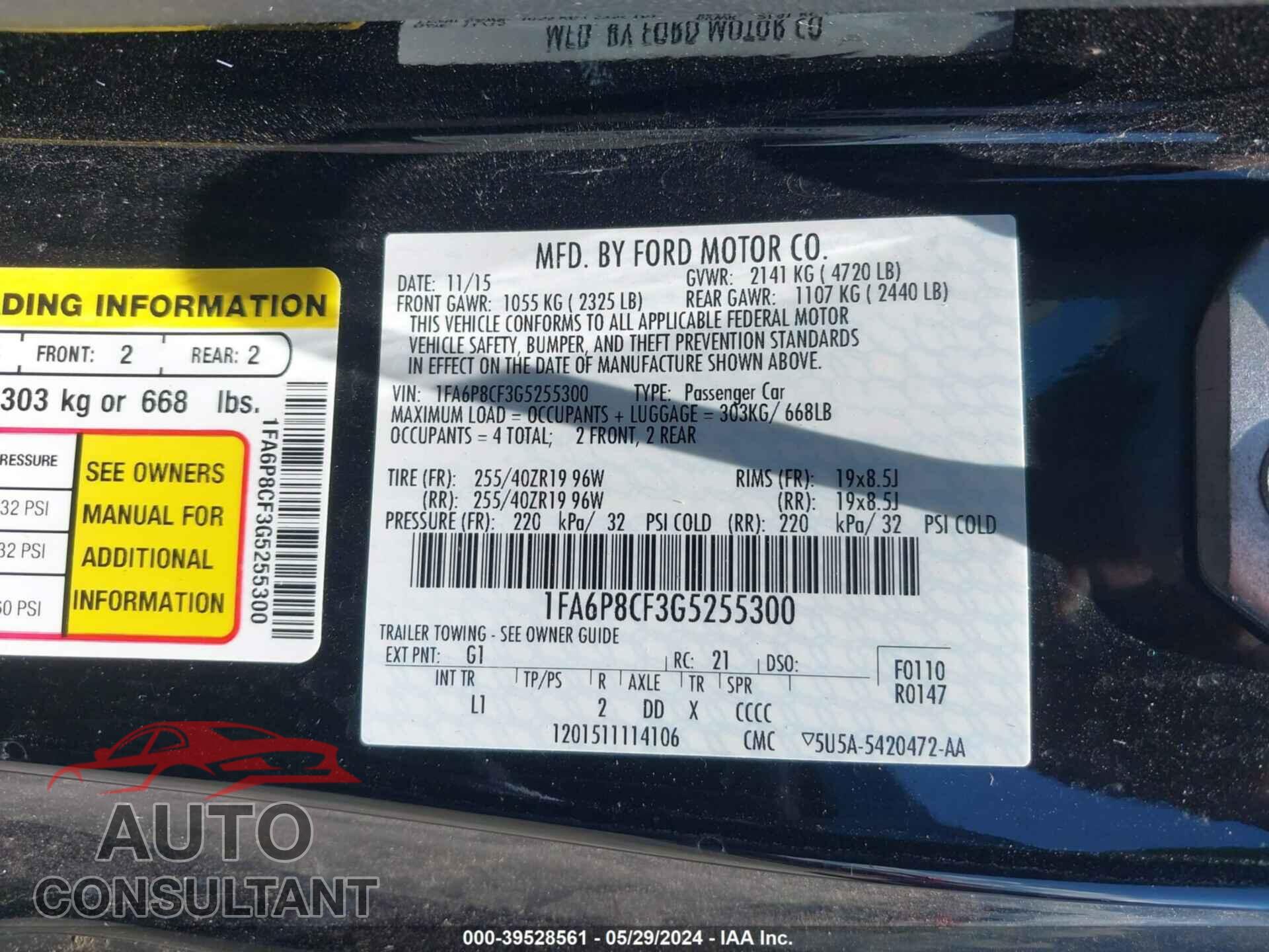 FORD MUSTANG 2016 - 1FA6P8CF3G5255300