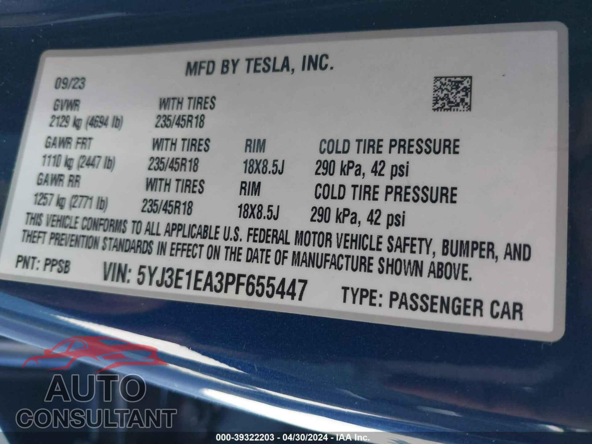 TESLA MODEL 3 2023 - 5YJ3E1EA3PF655447