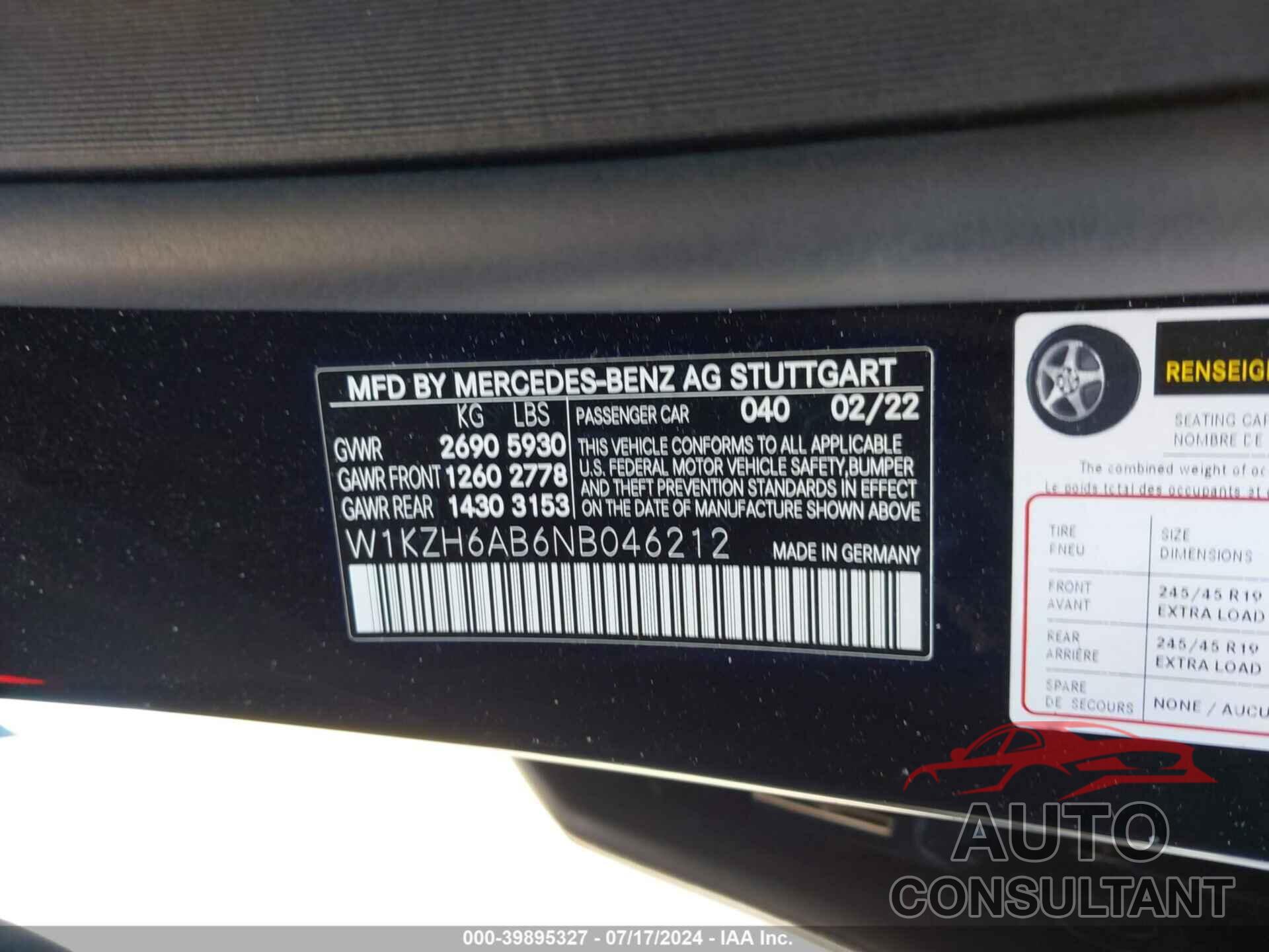 MERCEDES-BENZ E 450 2022 - W1KZH6AB6NB046212