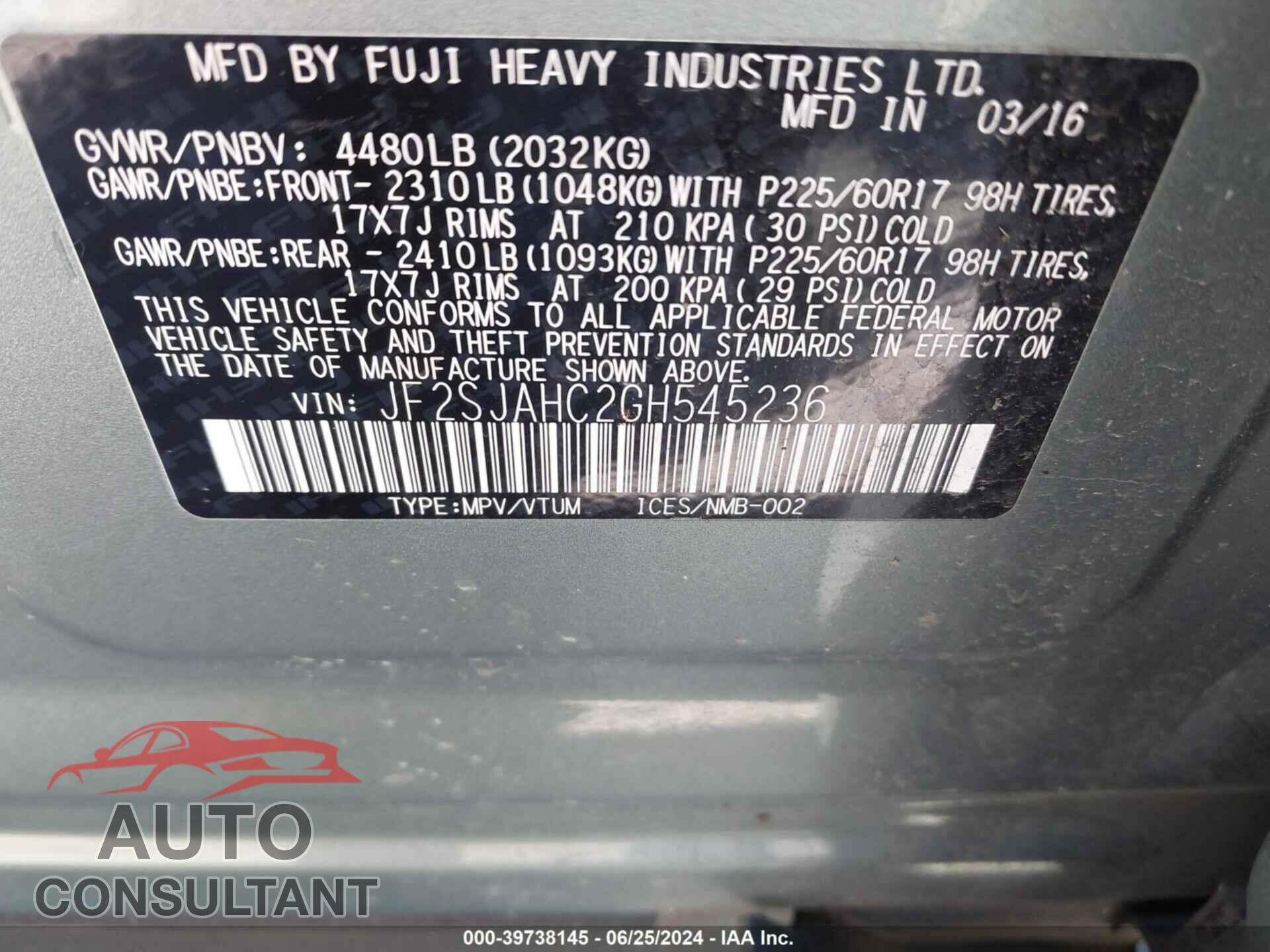 SUBARU FORESTER 2016 - JF2SJAHC2GH545236