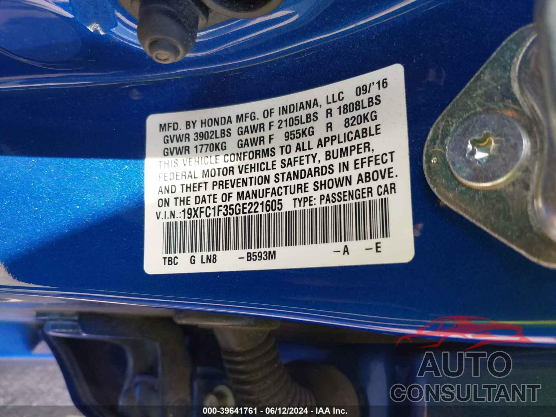 HONDA CIVIC 2016 - 19XFC1F35GE221605