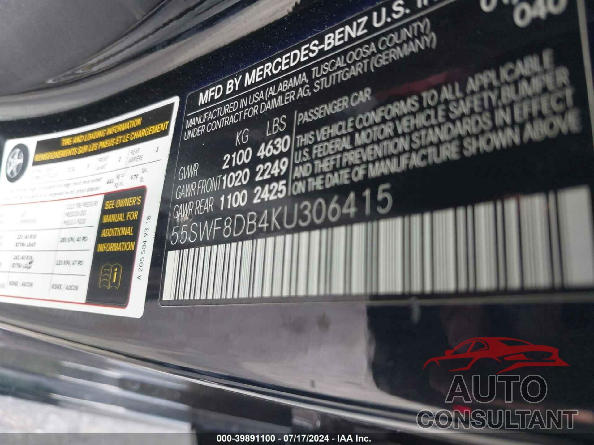 MERCEDES-BENZ C 300 2019 - 55SWF8DB4KU306415