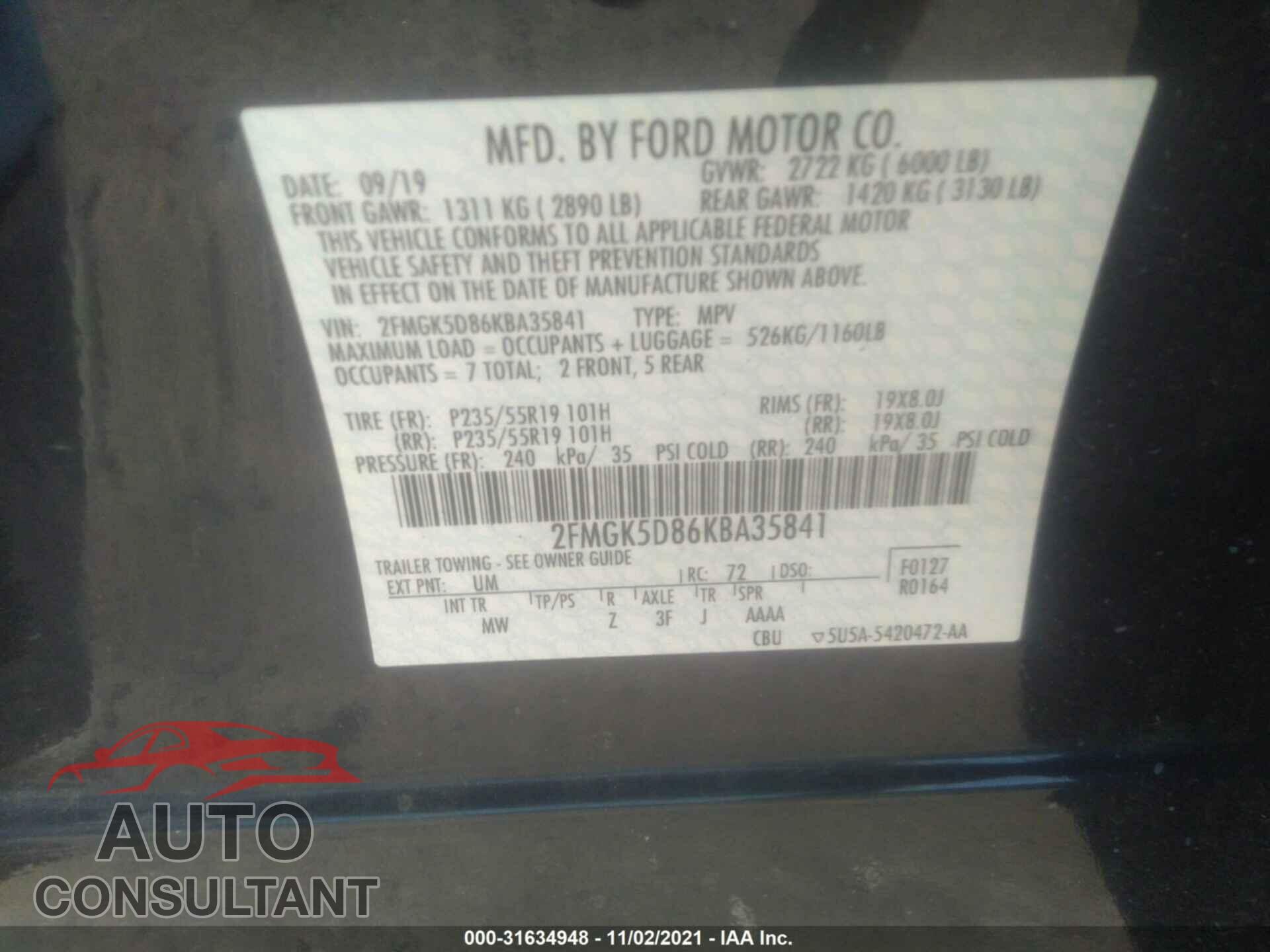 FORD FLEX 2019 - 2FMGK5D86KBA35841