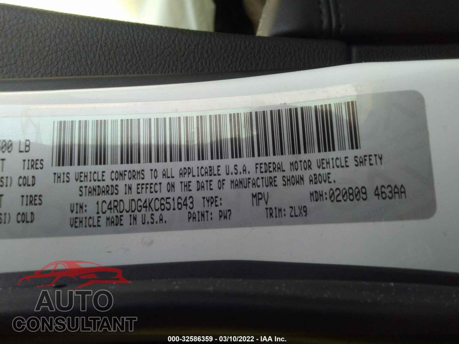 DODGE DURANGO 2019 - 1C4RDJDG4KC651643