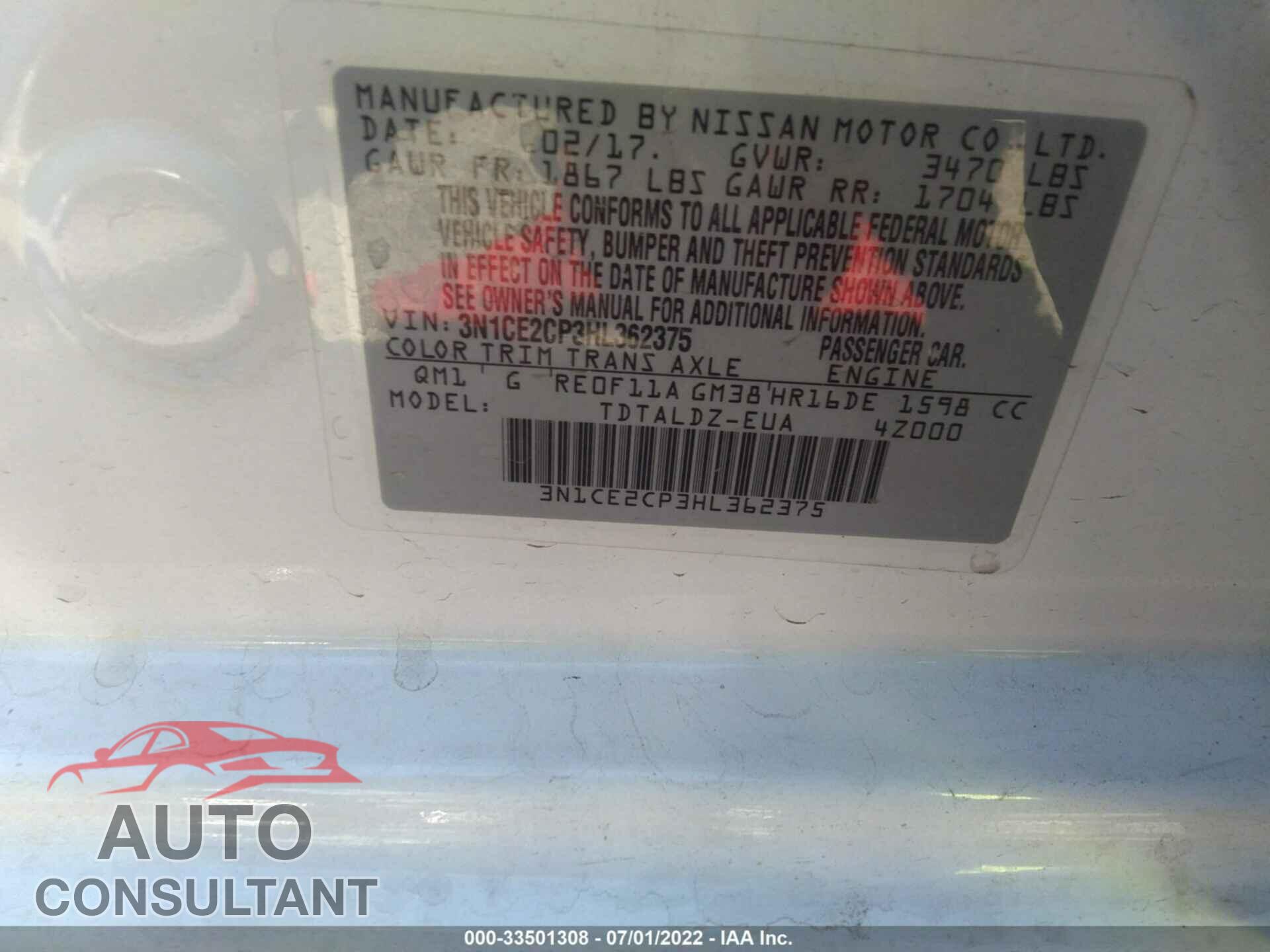 NISSAN VERSA NOTE 2017 - 3N1CE2CP3HL362375