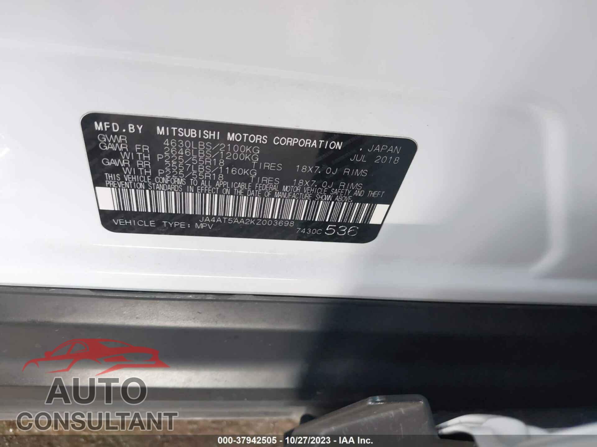 MITSUBISHI ECLIPSE CROSS 2019 - JA4AT5AA2KZ003698