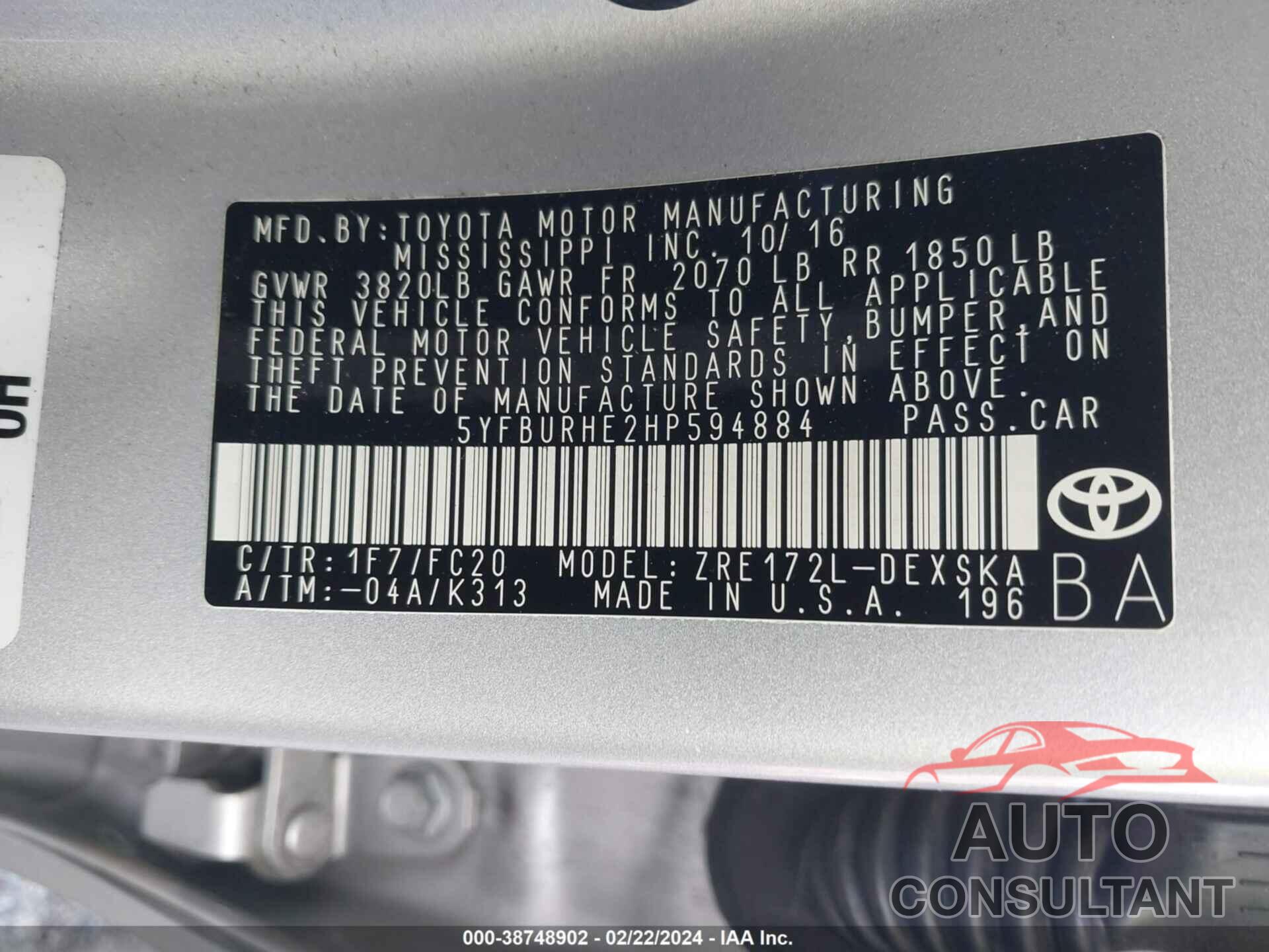 TOYOTA COROLLA 2017 - 5YFBURHE2HP594884