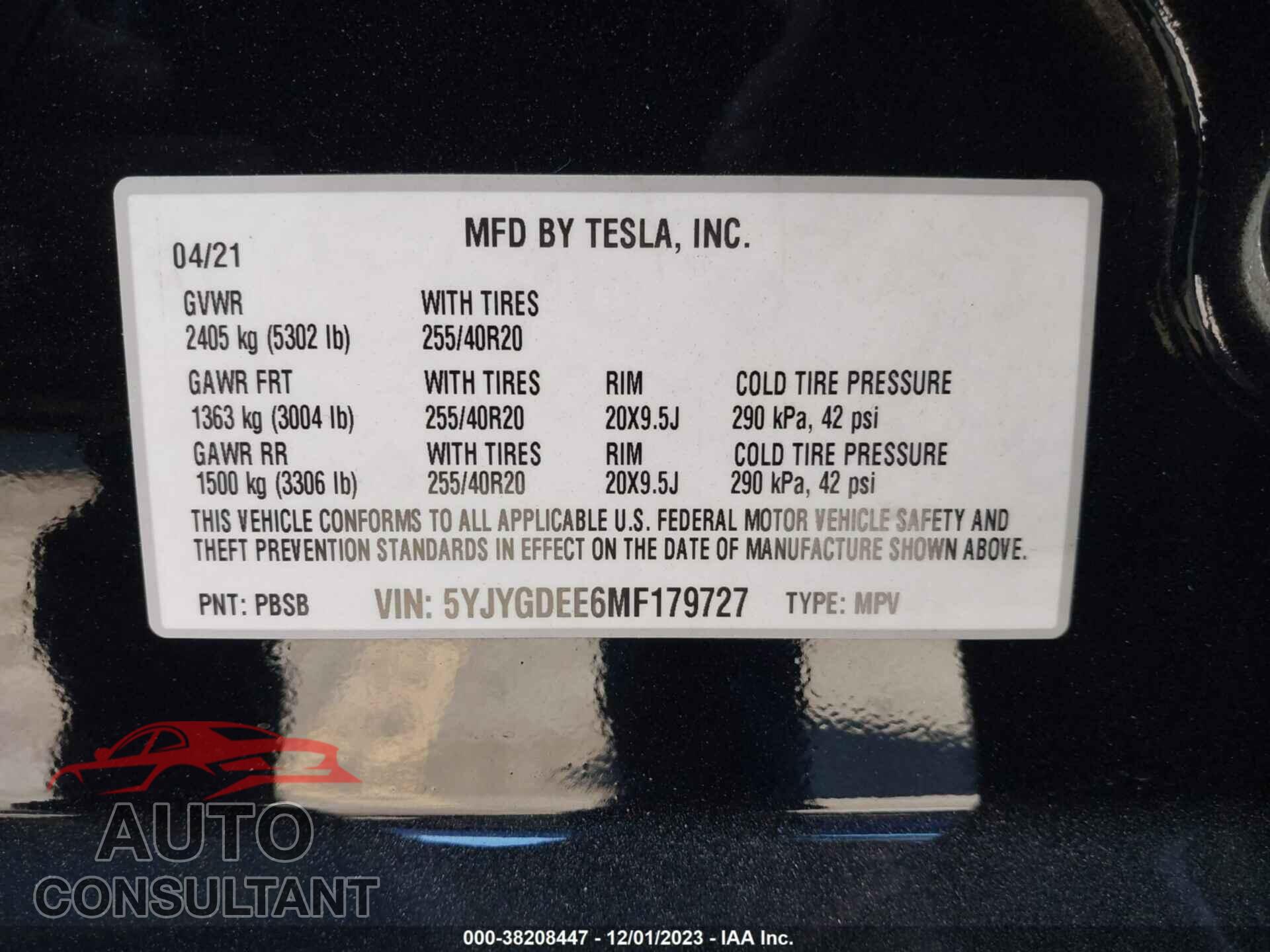 TESLA MODEL Y 2021 - 5YJYGDEE6MF179727