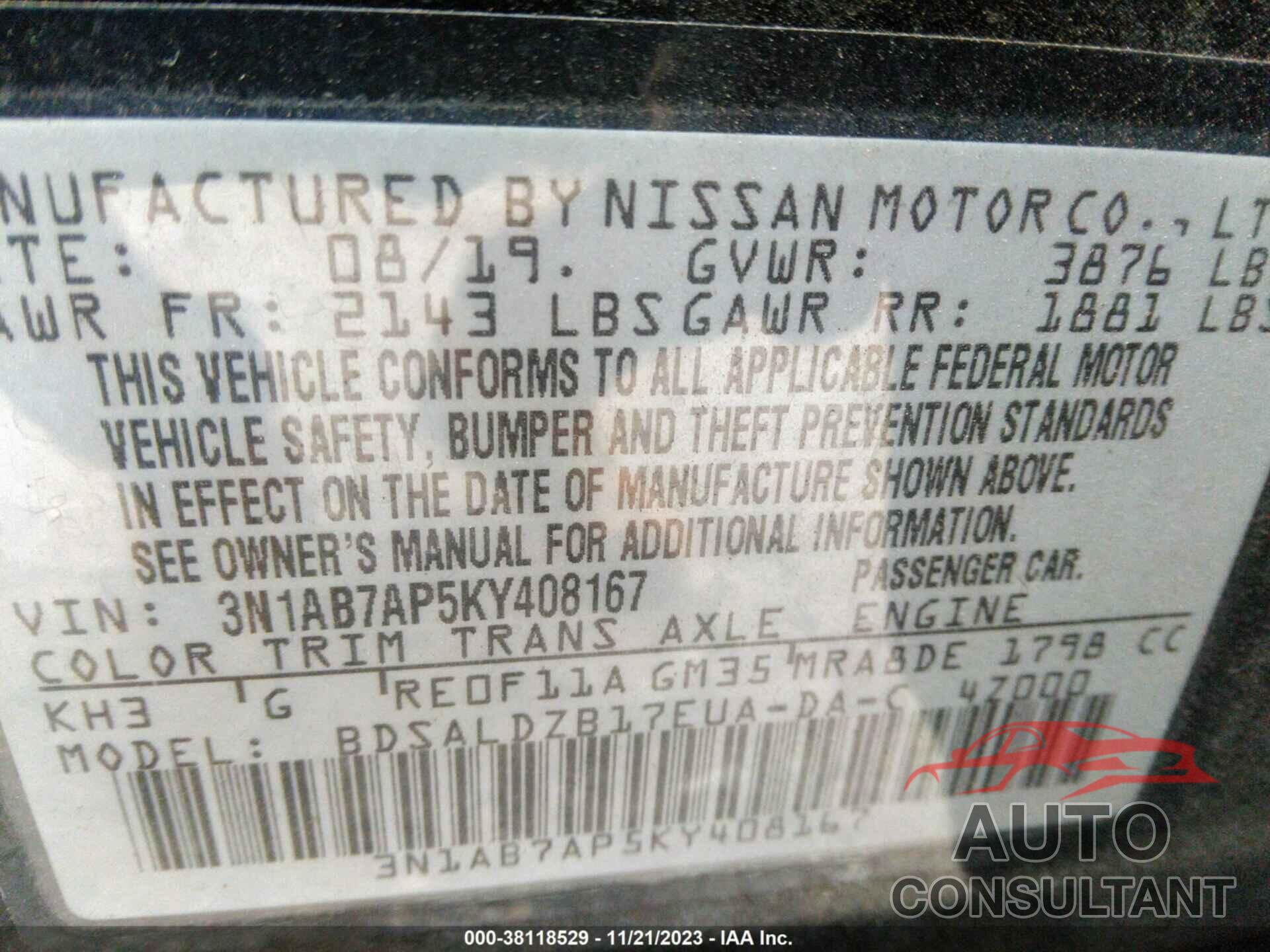 NISSAN SENTRA 2019 - 3N1AB7AP5KY408167