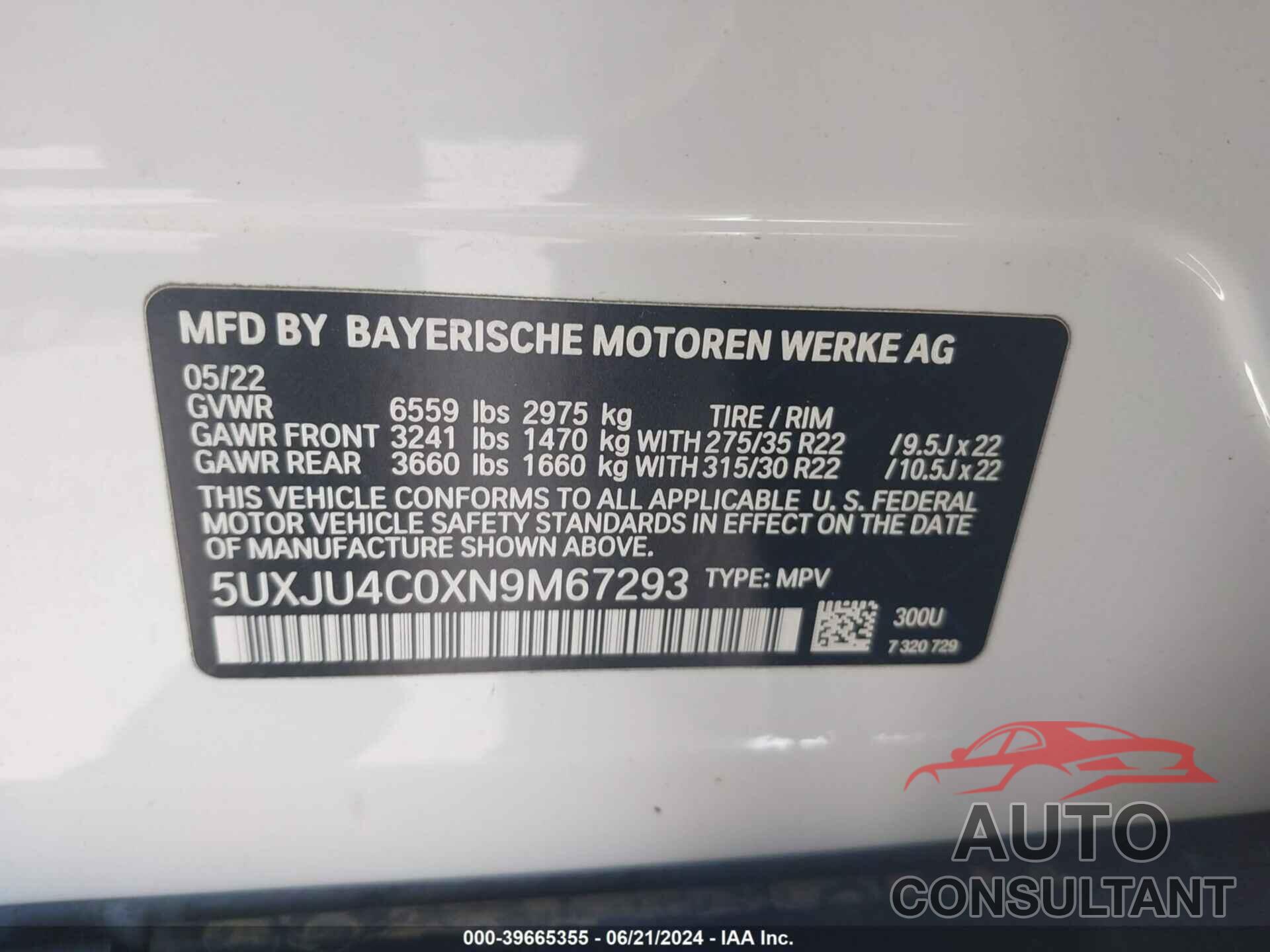 BMW X5 2022 - 5UXJU4C0XN9M67293