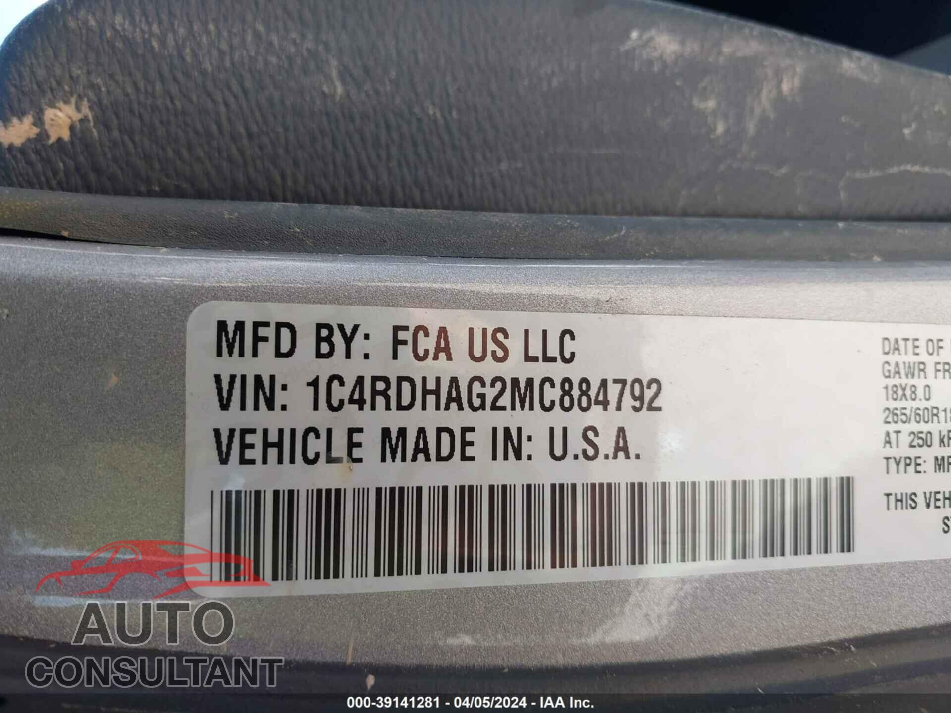 DODGE DURANGO 2021 - 1C4RDHAG2MC884792